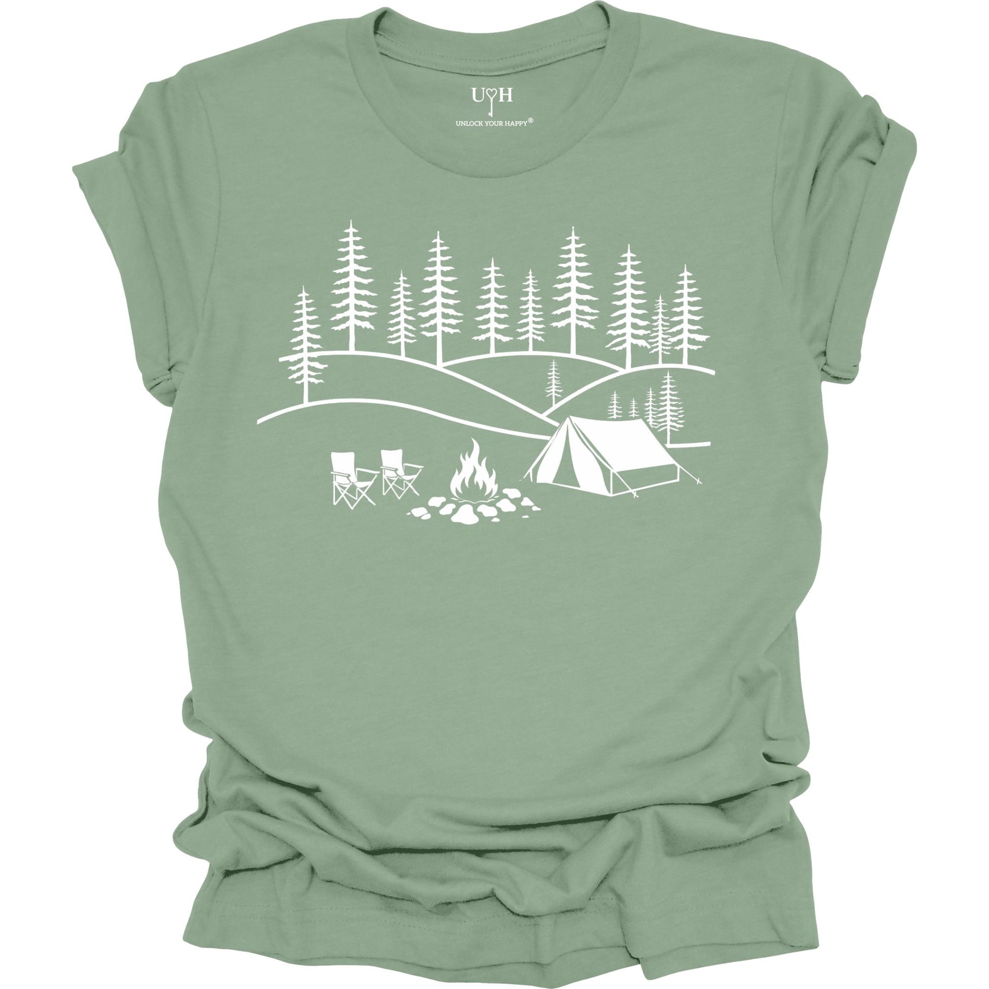 Sage t-shirt with white camping graphic on a white background