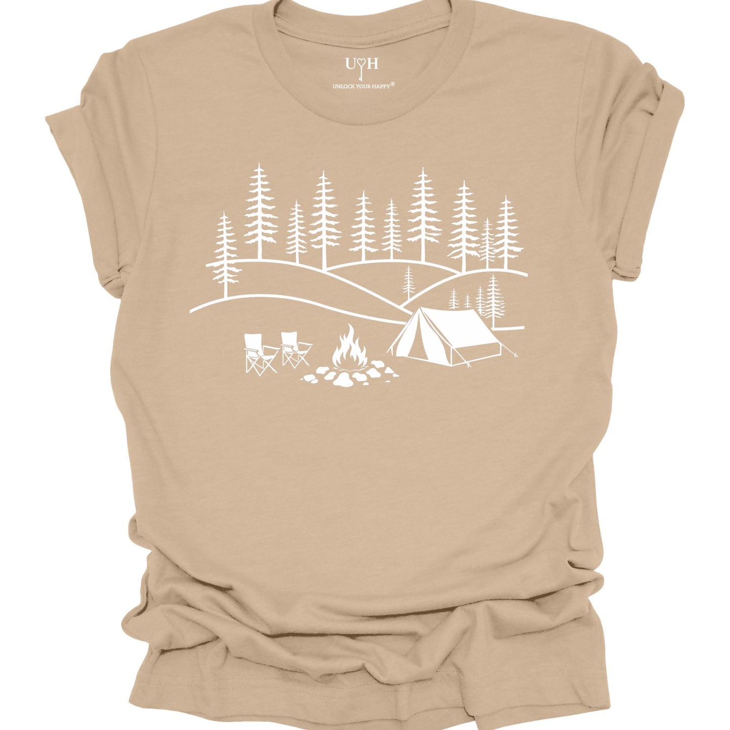 Tan unisex t-shirt with white camping graphic on a white background