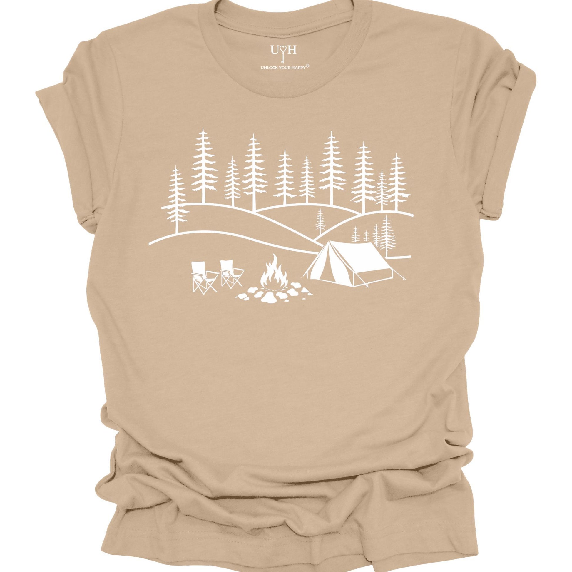 Tan unisex t-shirt with white camping graphic on a white background