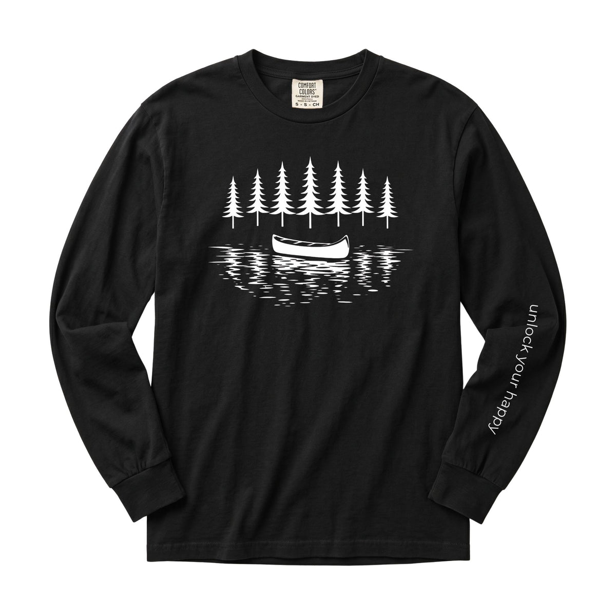 A black long-sleeve t-shirt with a white graphic print of a canoe on water in front of pine trees, featuring the text 'unlock your happy' printed on the left sleeve.