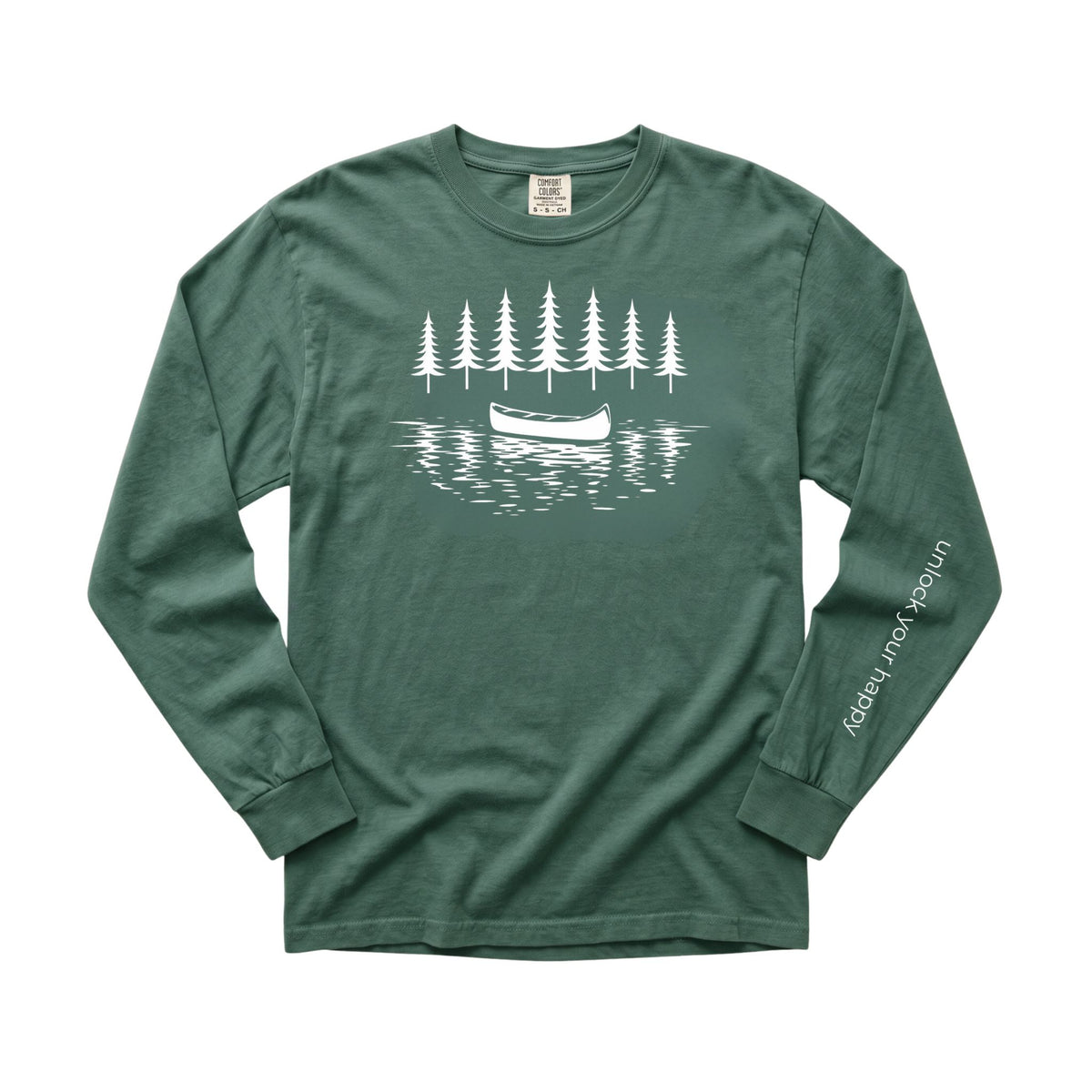 A forest blue long-sleeve t-shirt with a white graphic of pine trees and a canoe on the chest, featuring the text 'unlock your happy' printed on the left sleeve.