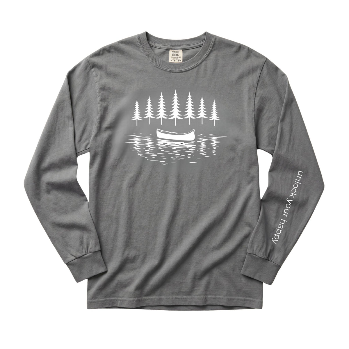 A gray long-sleeve t-shirt with a white graphic of pine trees, a canoe, and water on the chest, and the text 'unlock your happy' printed on the left sleeve.