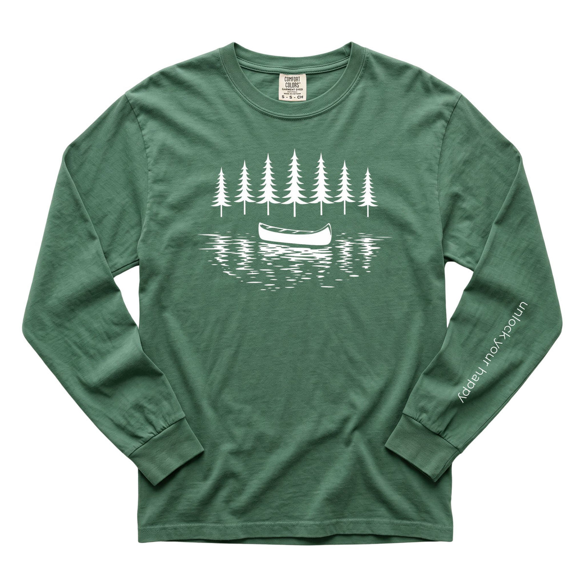 A long-sleeve crewneck t-shirt in light green, featuring a white graphic print of pine trees, a canoe, and water on the chest, with 'unlock your happy' printed  on the left sleeve.