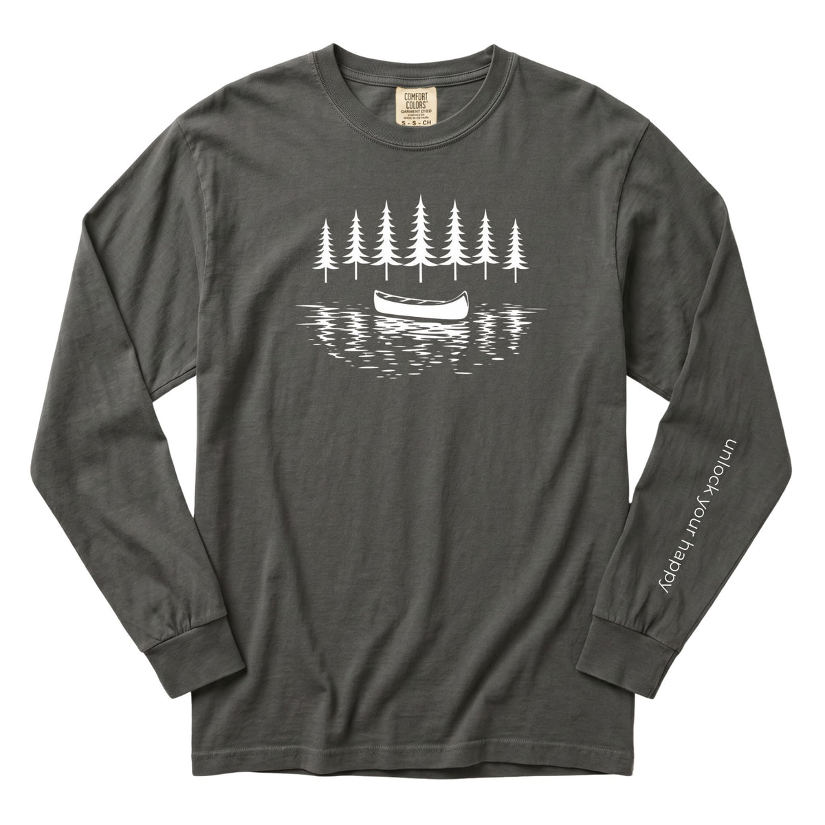 A pepper gray long-sleeve t-shirt with a white graphic print of pine trees and a canoe on the chest, featuring the brand name 'unlock your happy' printed vertically on the left sleeve.