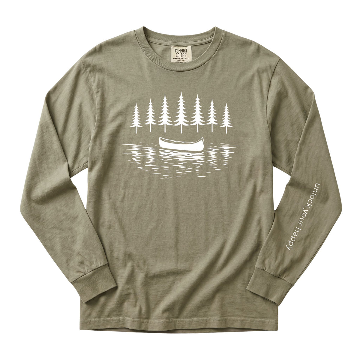 A sandstone colored long-sleeve t-shirt with a white graphic print of pine trees, a canoe, and water on the chest, and 'unlock your happy' printed on the left sleeve, shown flat on a white background.