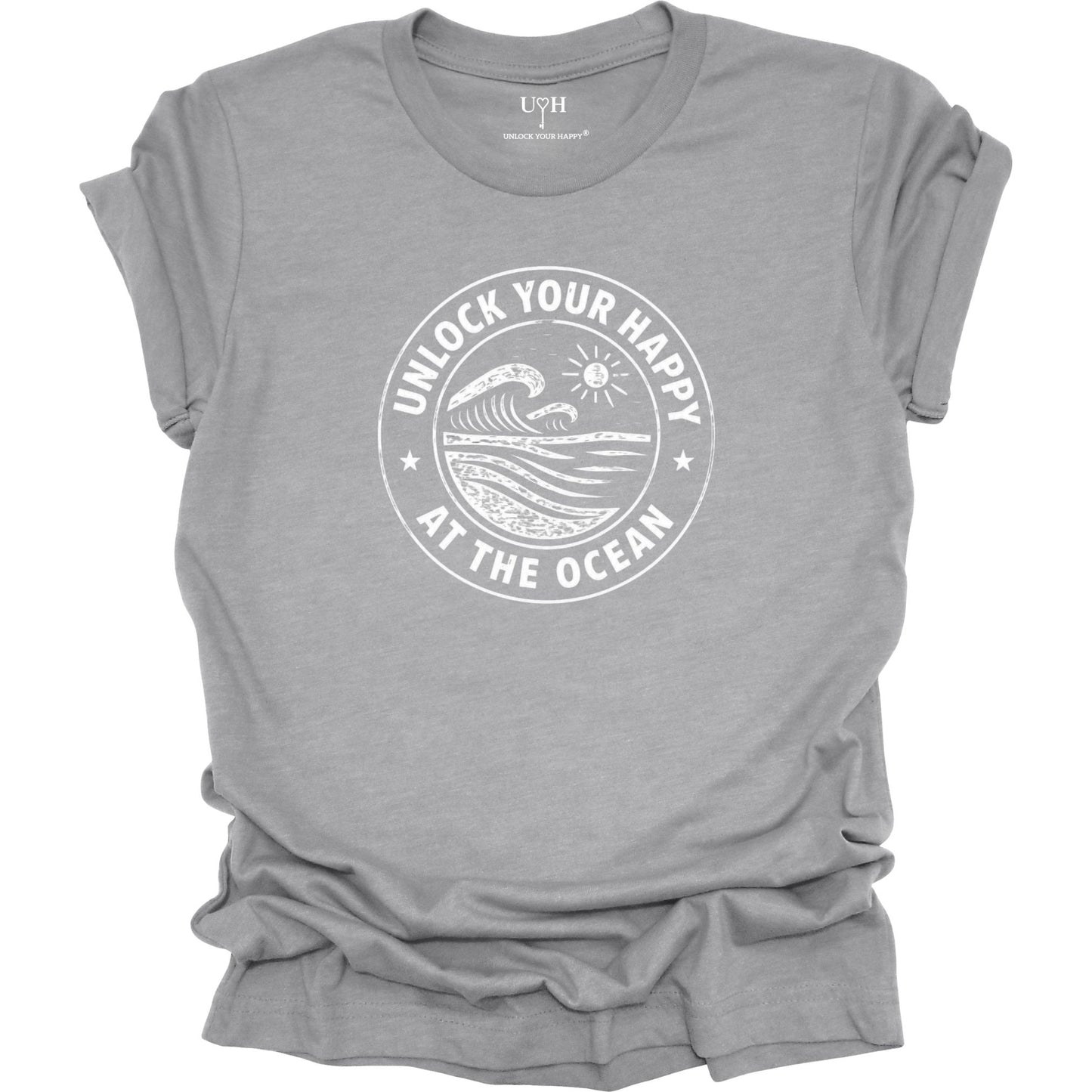 Unlock Your Happy at the Ocean graphic gray t-shirt featuring a vintage wave and sun coastal design