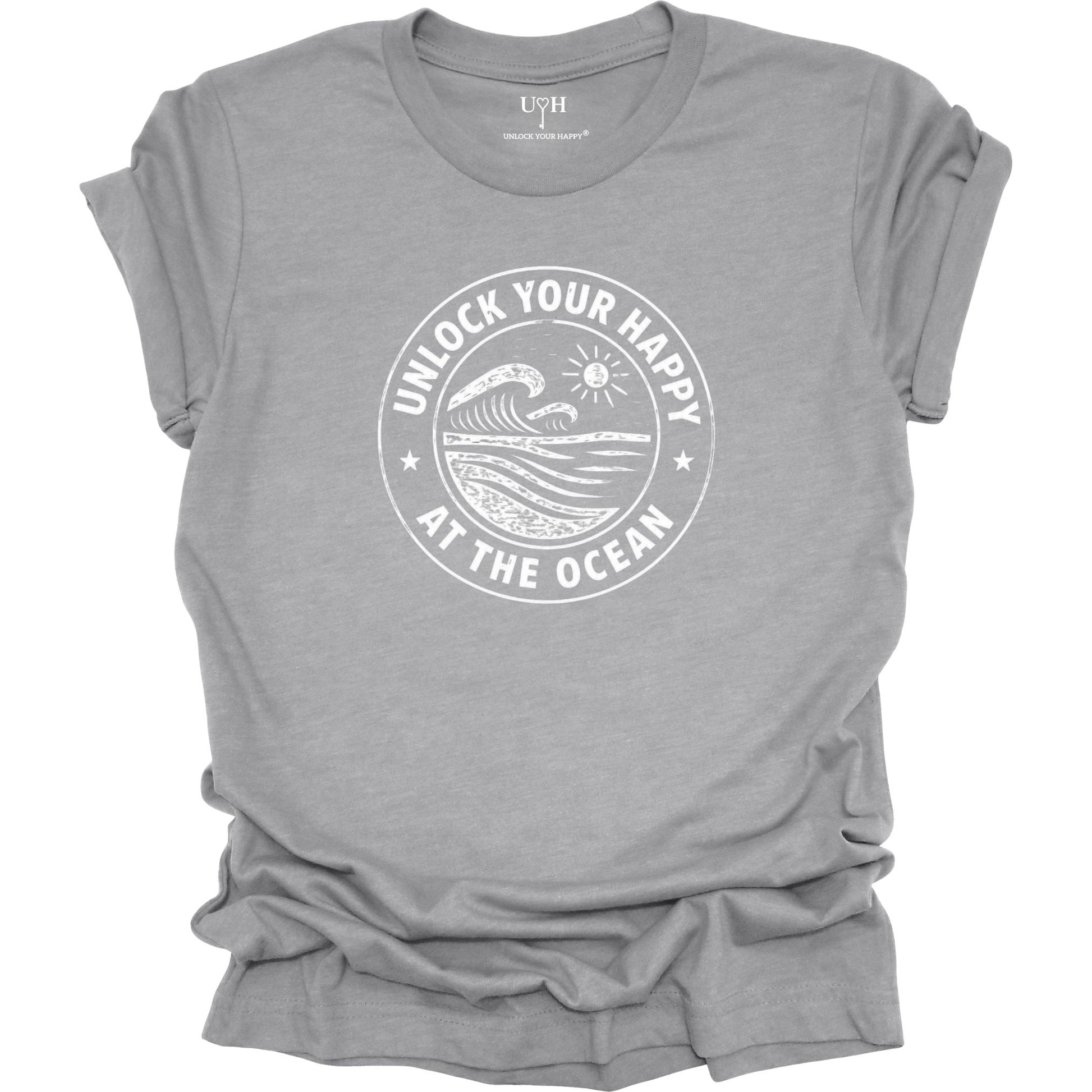Unlock Your Happy at the Ocean graphic gray t-shirt featuring a vintage wave and sun coastal design