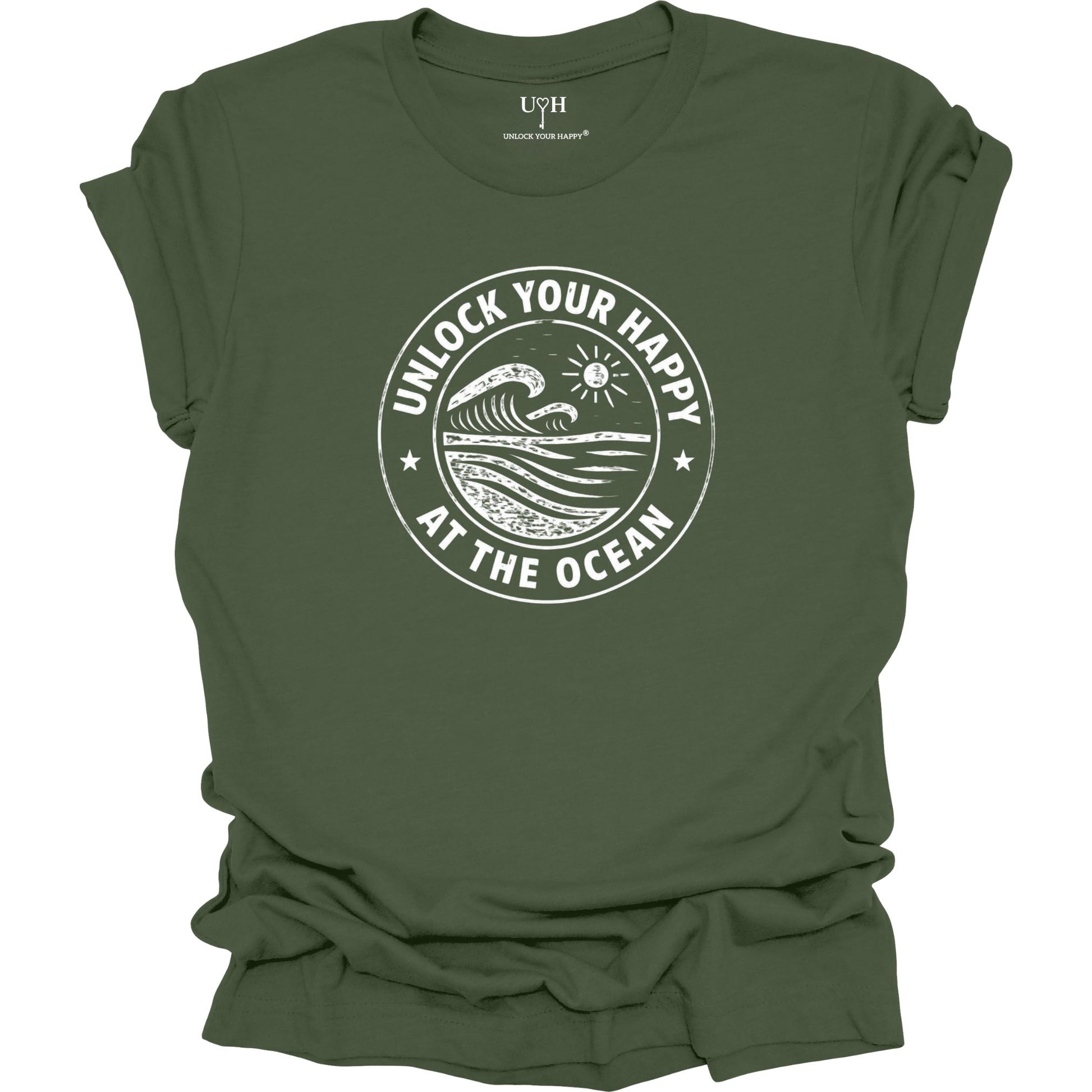 Unlock Your Happy at the Ocean graphic green t-shirt featuring a vintage wave and sun coastal design