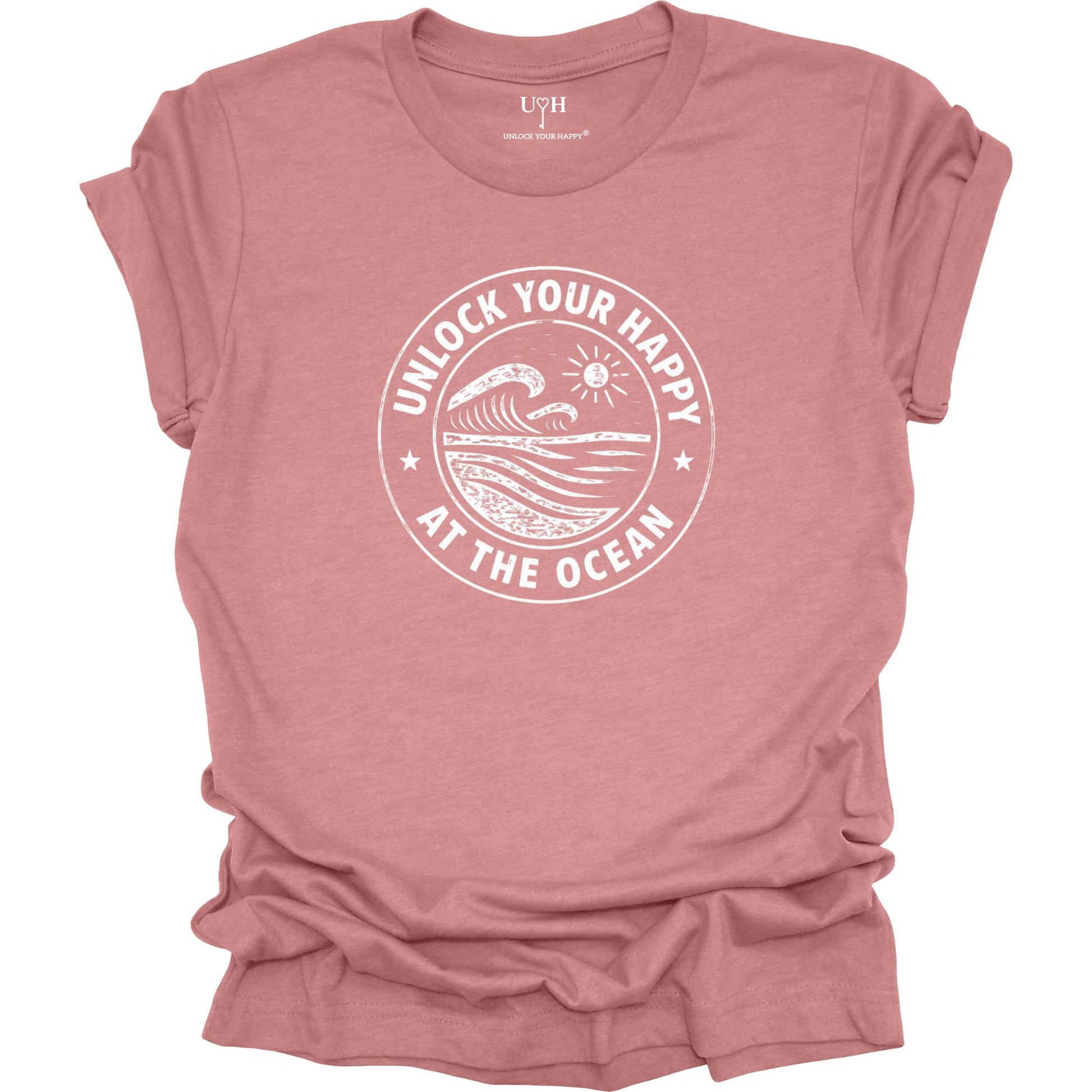 Unlock Your Happy at the Ocean graphic mauve t-shirt featuring a vintage wave and sun coastal design