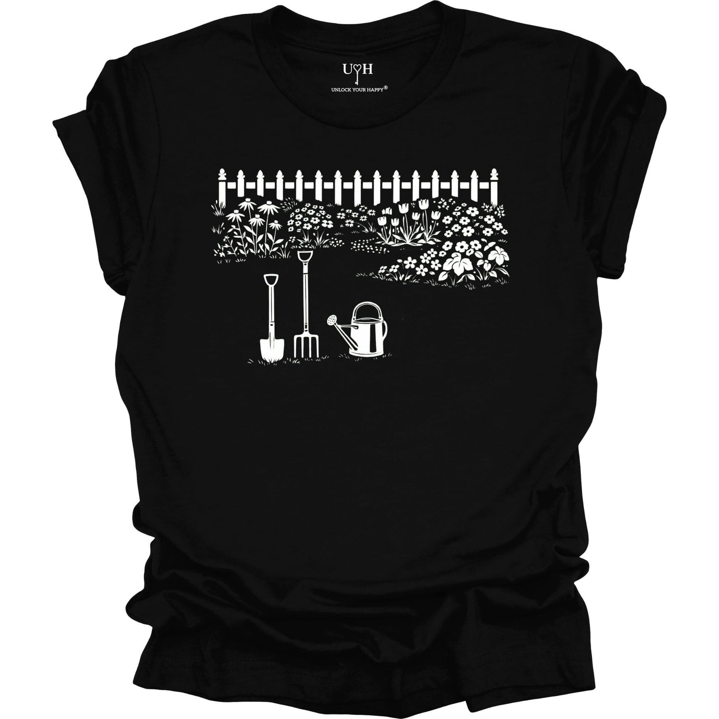 White gardening graphic on a black t-shirt featuring garden tools and flower garden illustration with nature-inspired design 
