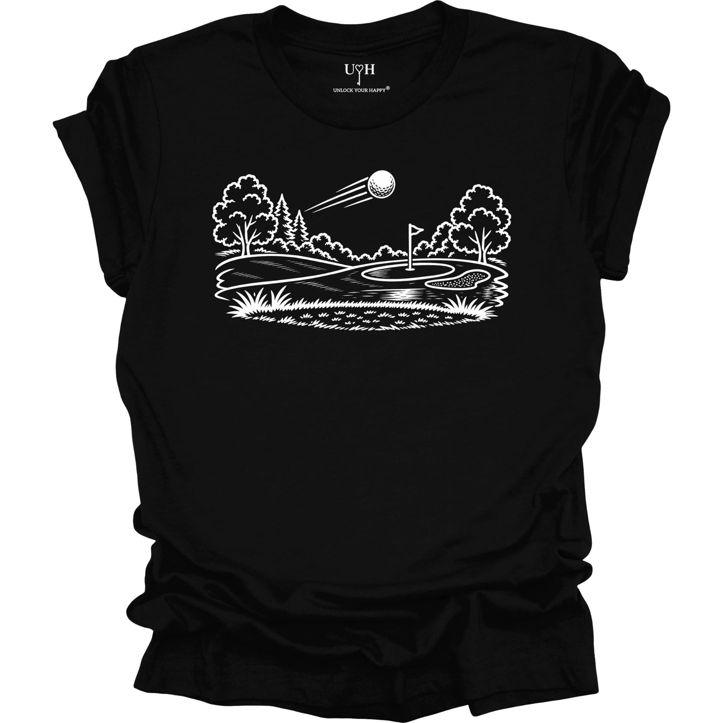 Minimalist golf course graphic t-shirt with line art design of golf ball and green on soft unisex black tee