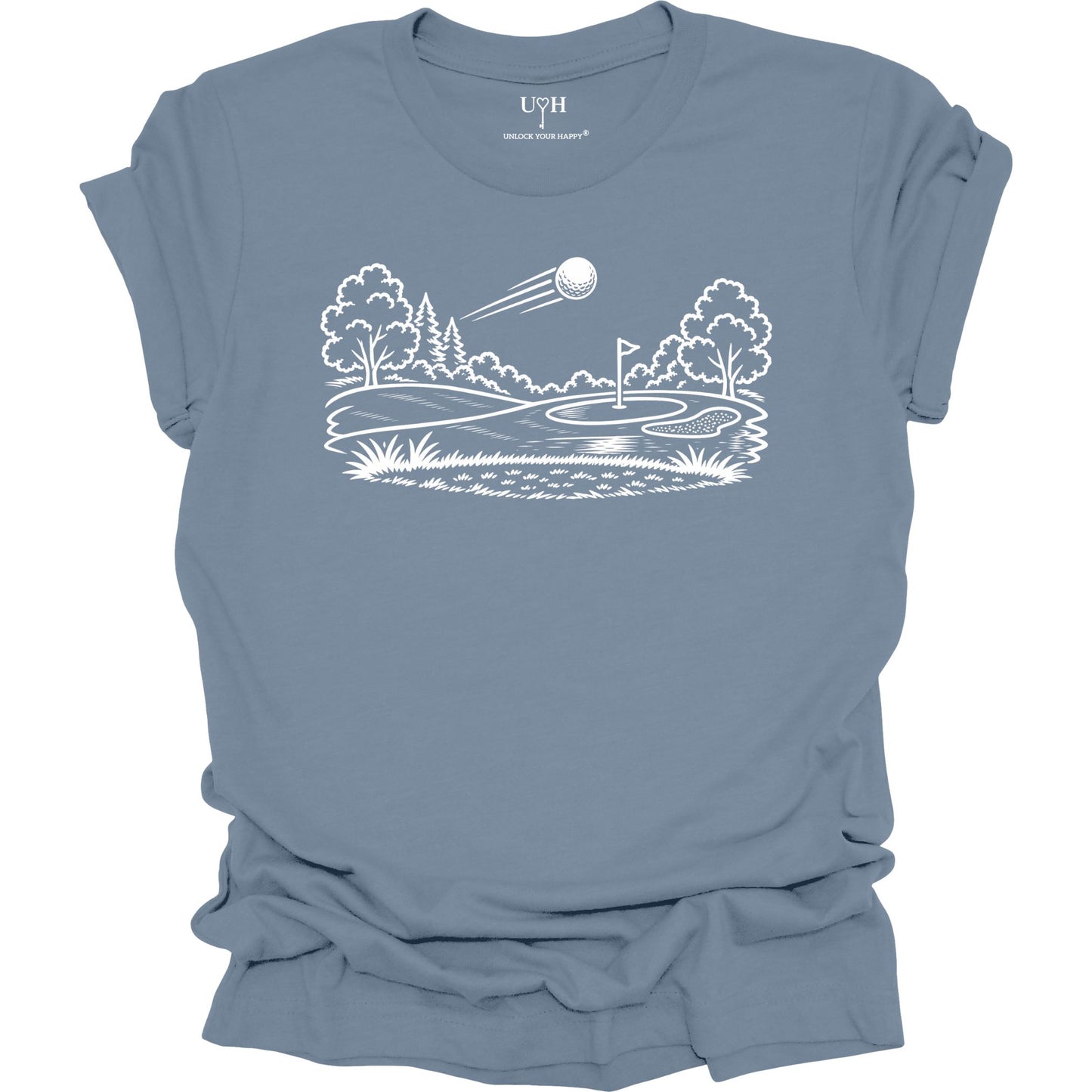 Minimalist golf course graphic t-shirt with line art design of golf ball and green on soft unisex blue tee