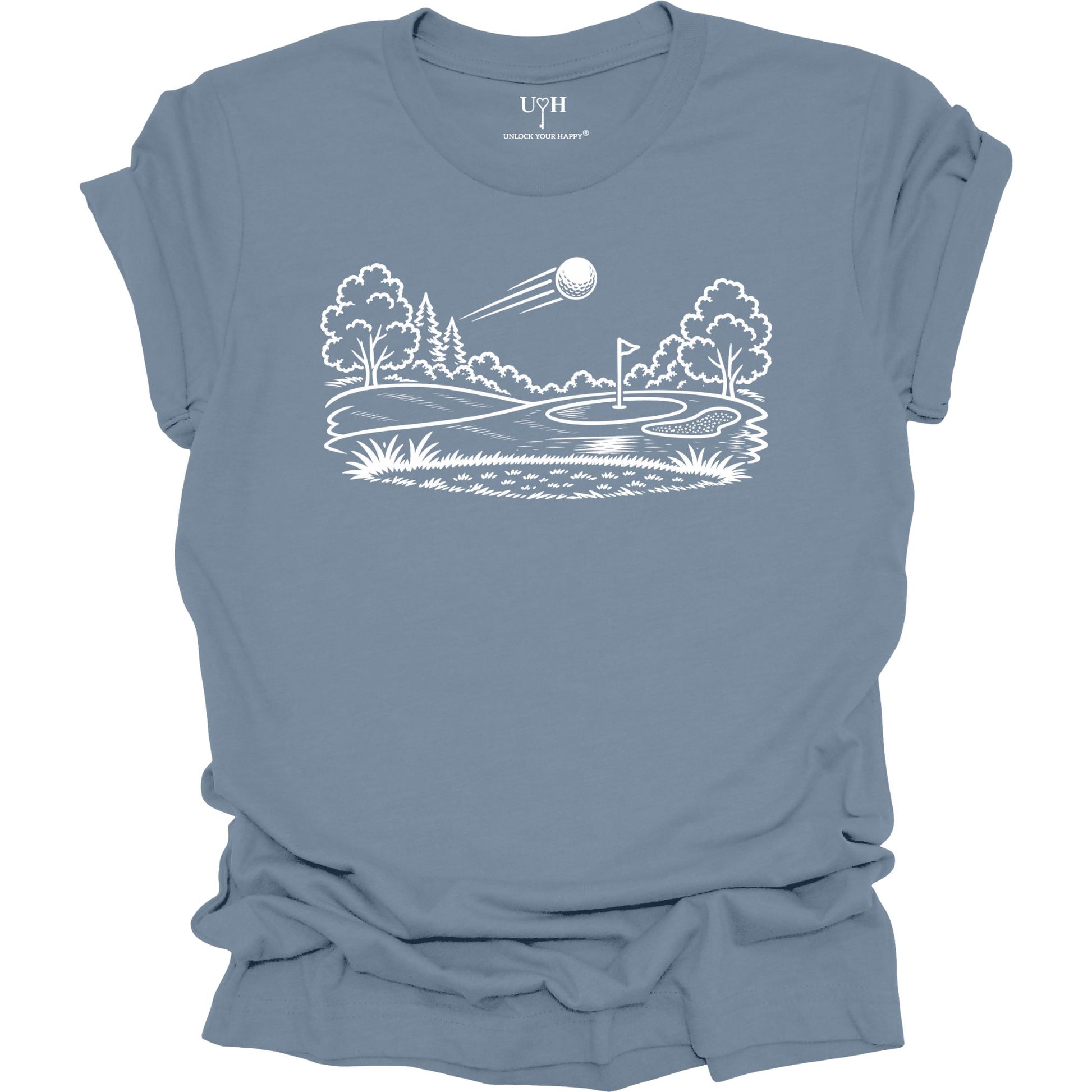 Minimalist golf course graphic t-shirt with line art design of golf ball and green on soft unisex blue tee