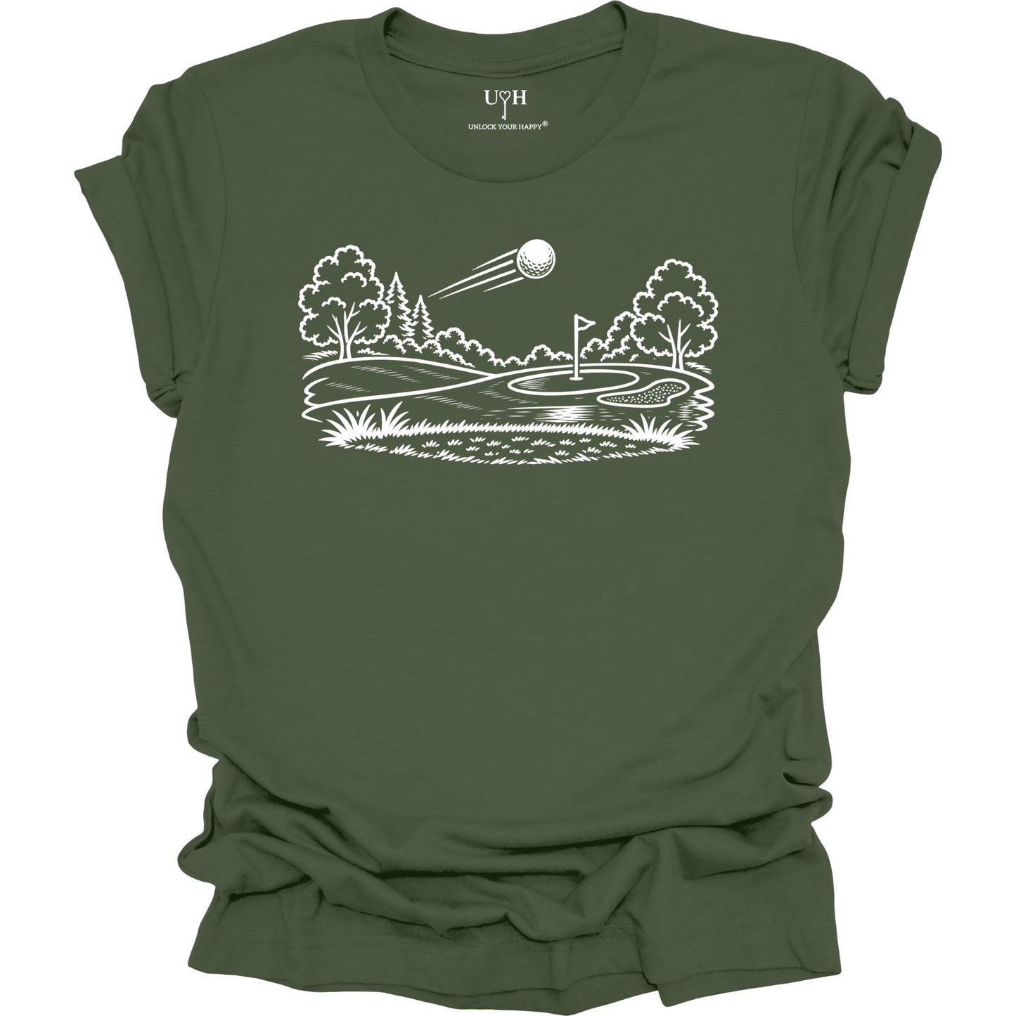 Minimalist golf course graphic t-shirt with line art design of golf ball and green on soft unisex green tee