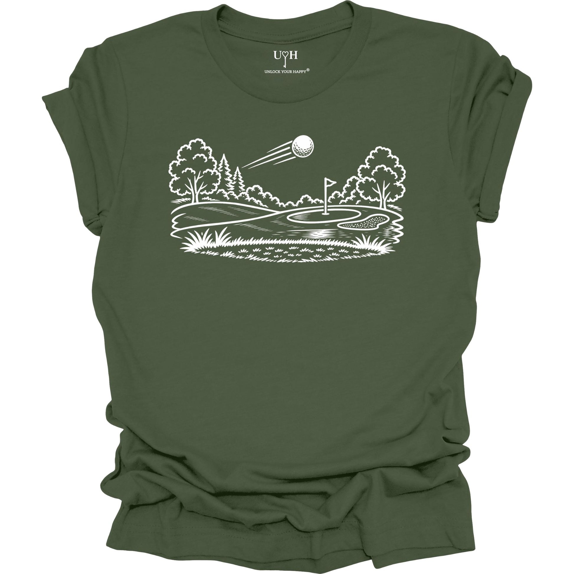 Minimalist golf course graphic t-shirt with line art design of golf ball and green on soft unisex green tee