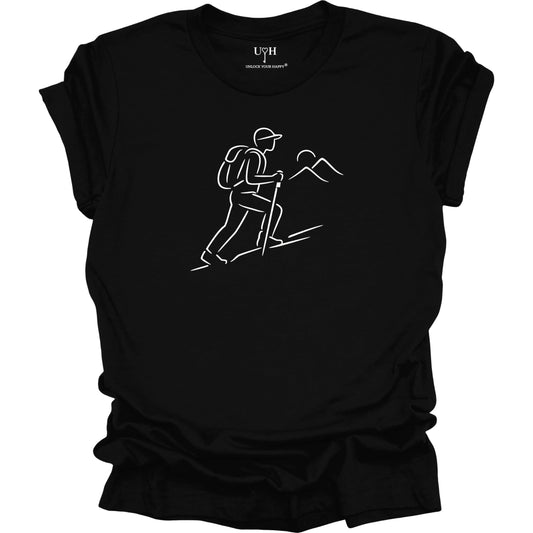 Black t-shirt with a white line drawing of a hiker and mountains on a white background