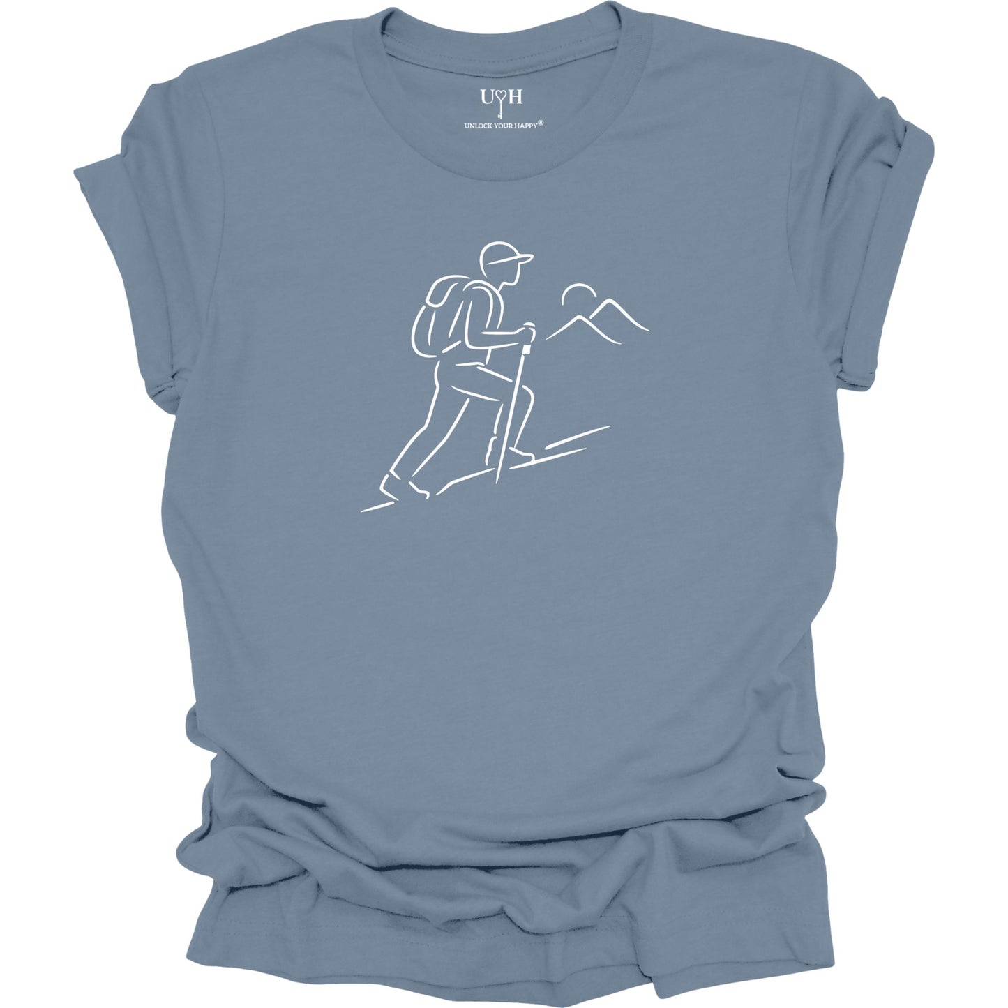 Blue t-shirt with a white line drawing of a hiker and mountains on a white background