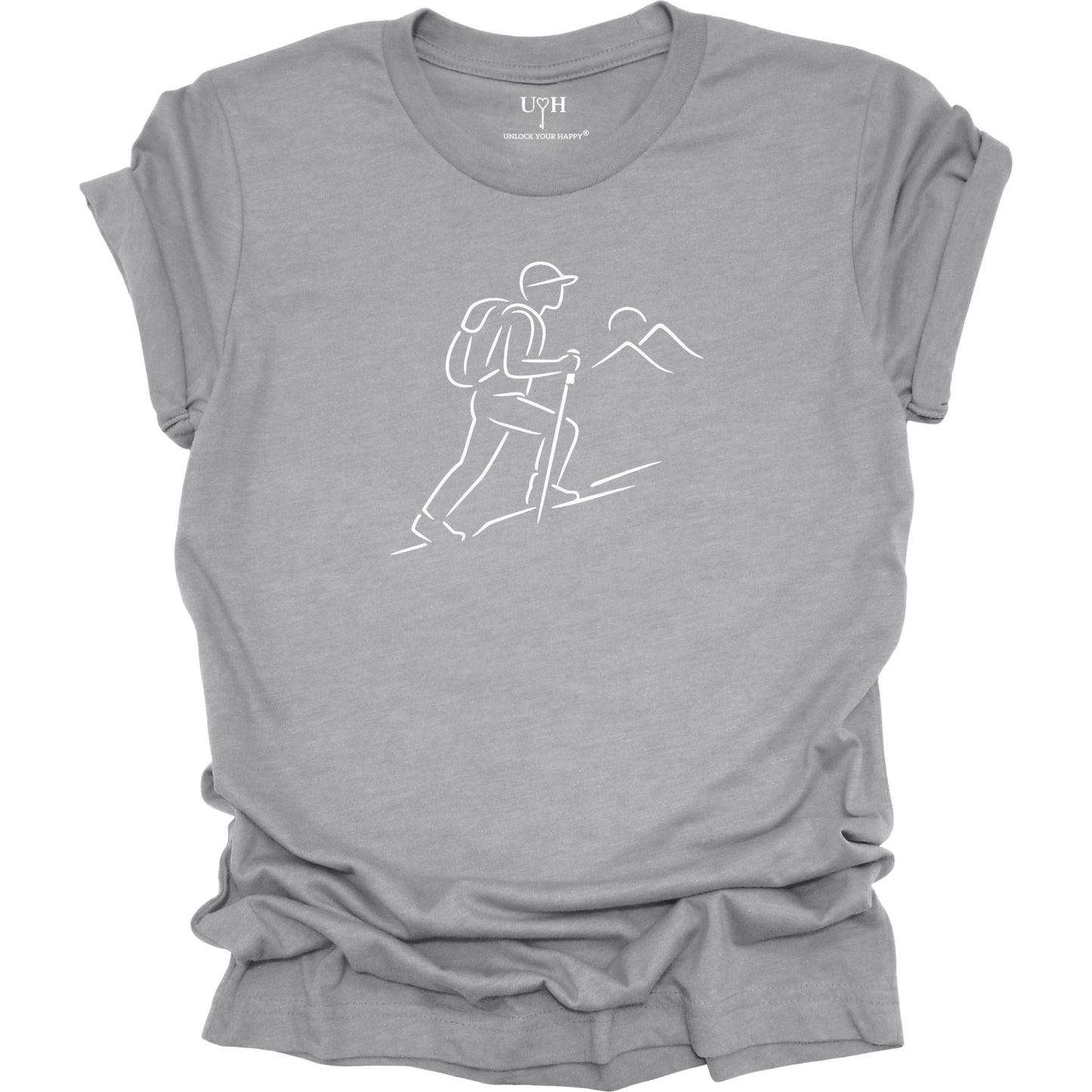 Gray t-shirt with a white line drawing of a hiker and mountains on a white background