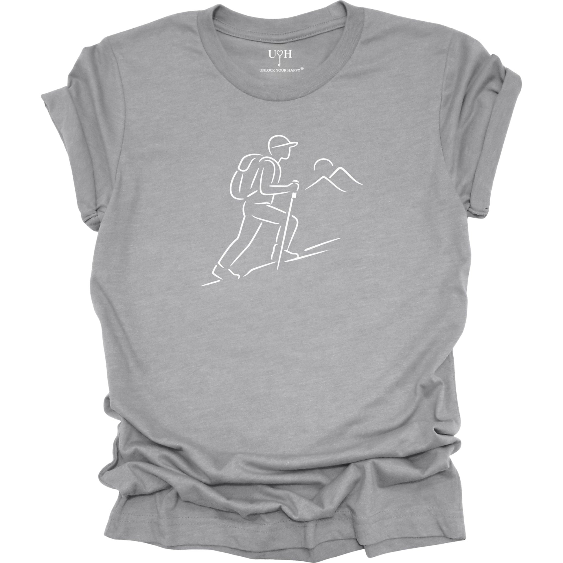 Gray t-shirt with a white line drawing of a hiker and mountains on a white background
