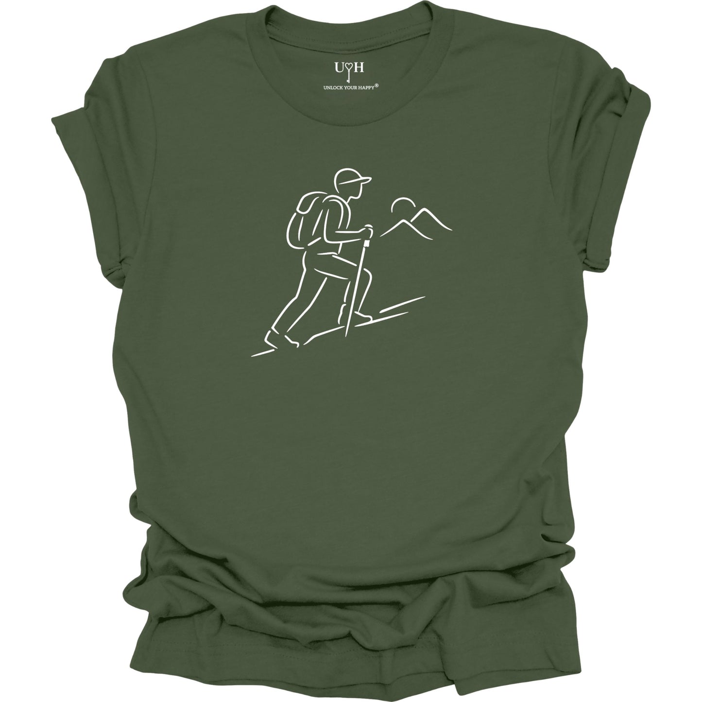 Green t-shirt with a white line drawing of a hiker and mountains on a white background