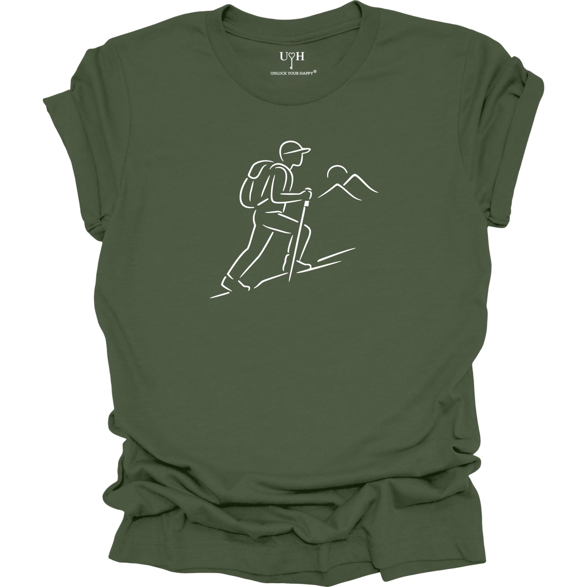 Green t-shirt with a white line drawing of a hiker and mountains on a white background