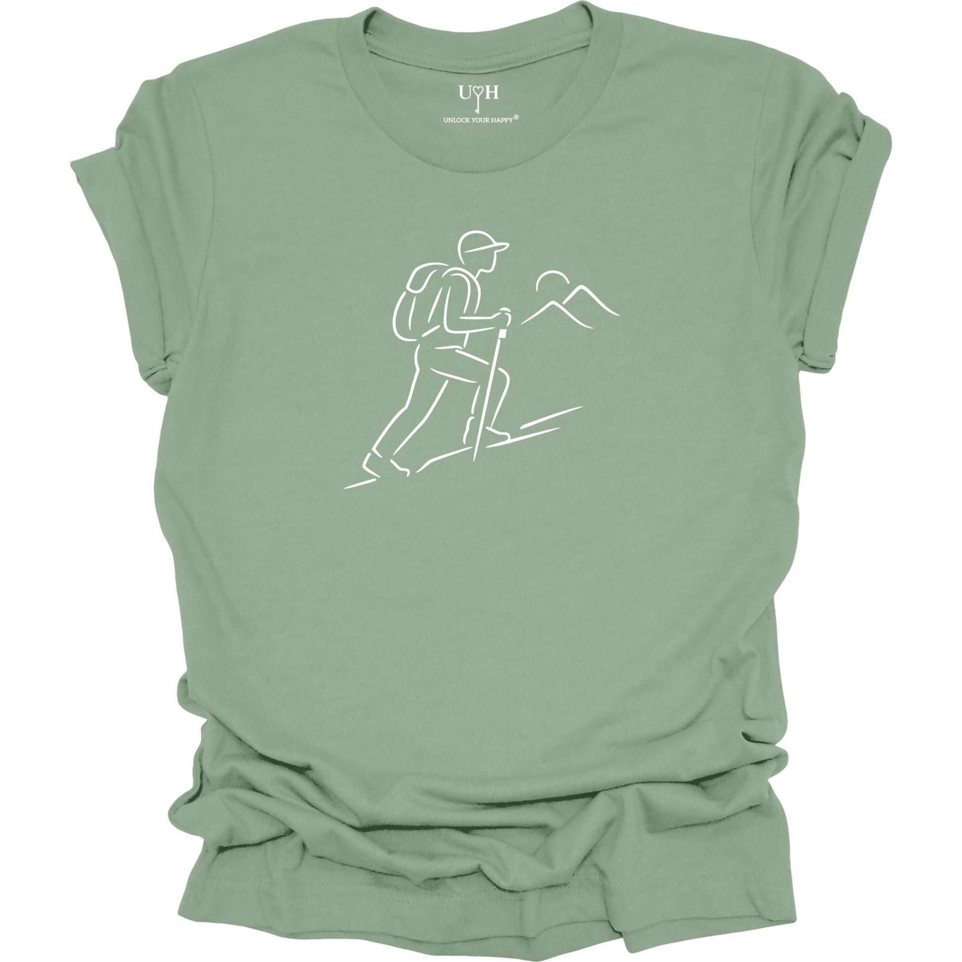 Sage t-shirt with a white line drawing of a hiker and mountains on a white background