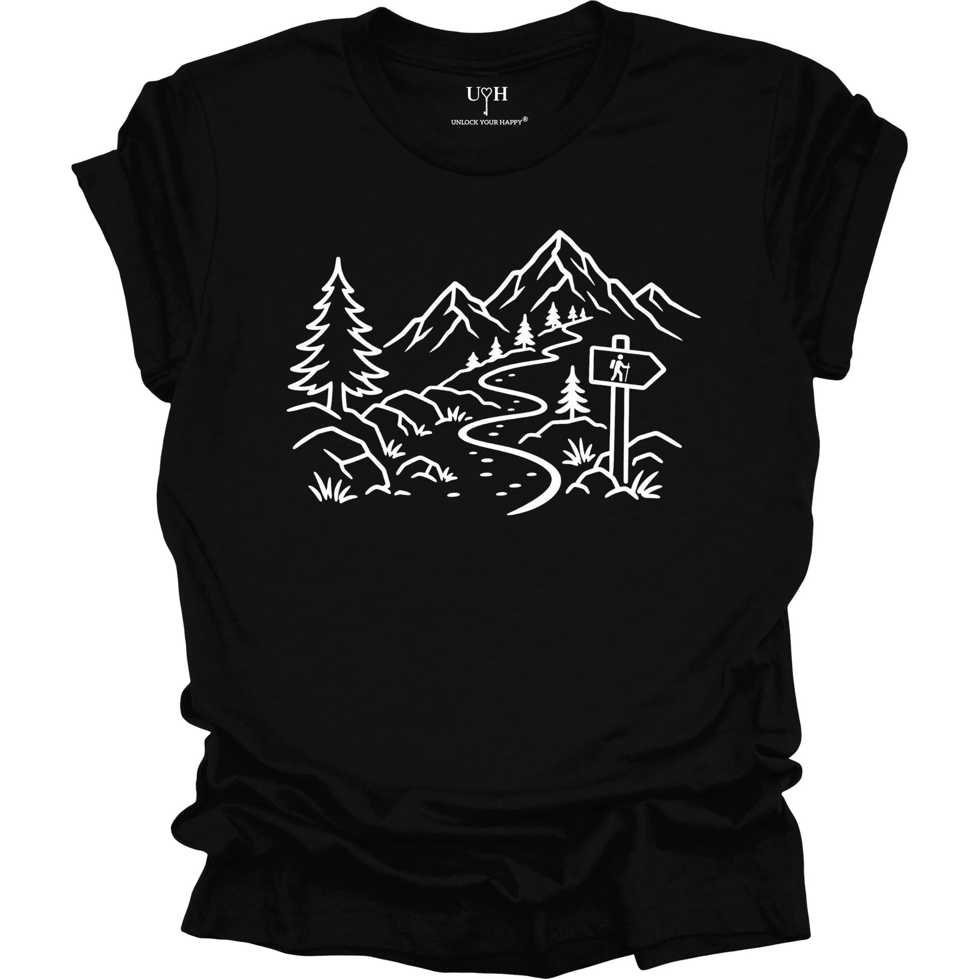 Minimalist black t-shirt with white mountain and forest trail design, hiking path graphic for nature lovers and outdoor enthusiasts