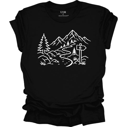 Minimalist black t-shirt with white mountain and forest trail design, hiking path graphic for nature lovers and outdoor enthusiasts
