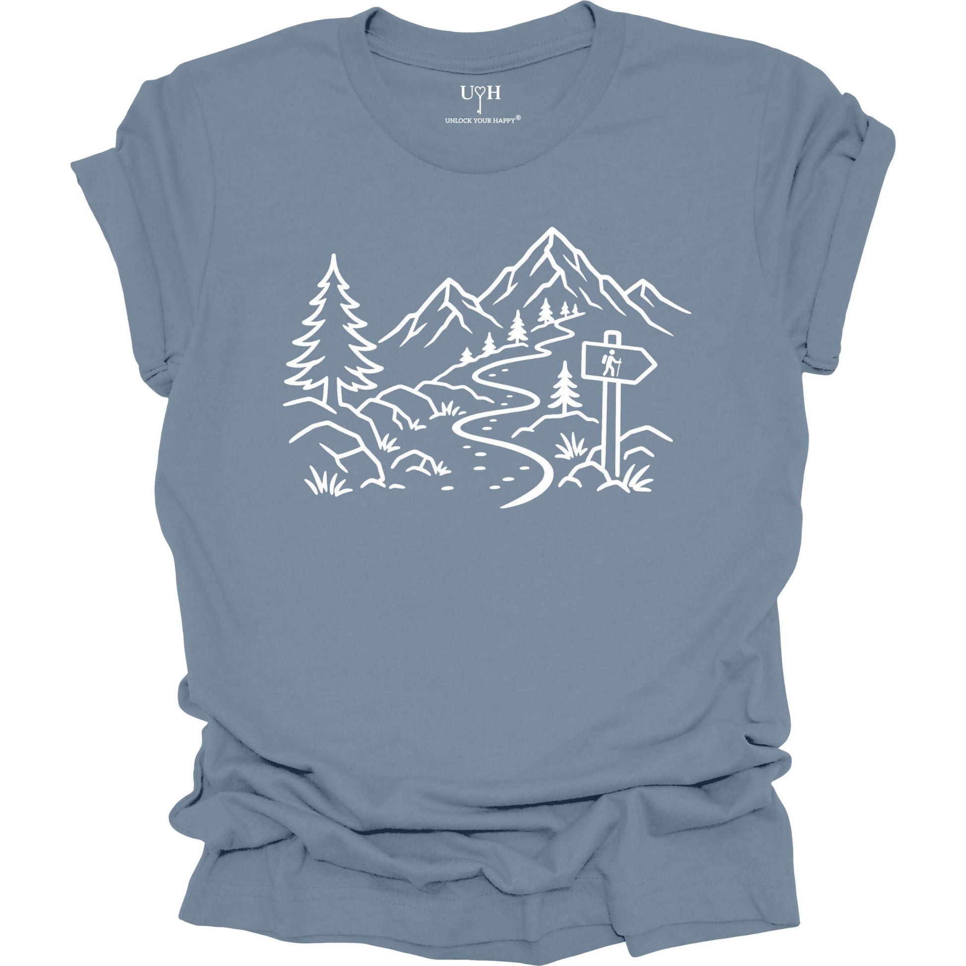 Minimalist blue t-shirt with white mountain and forest trail design, hiking path graphic for nature lovers and outdoor enthusiasts