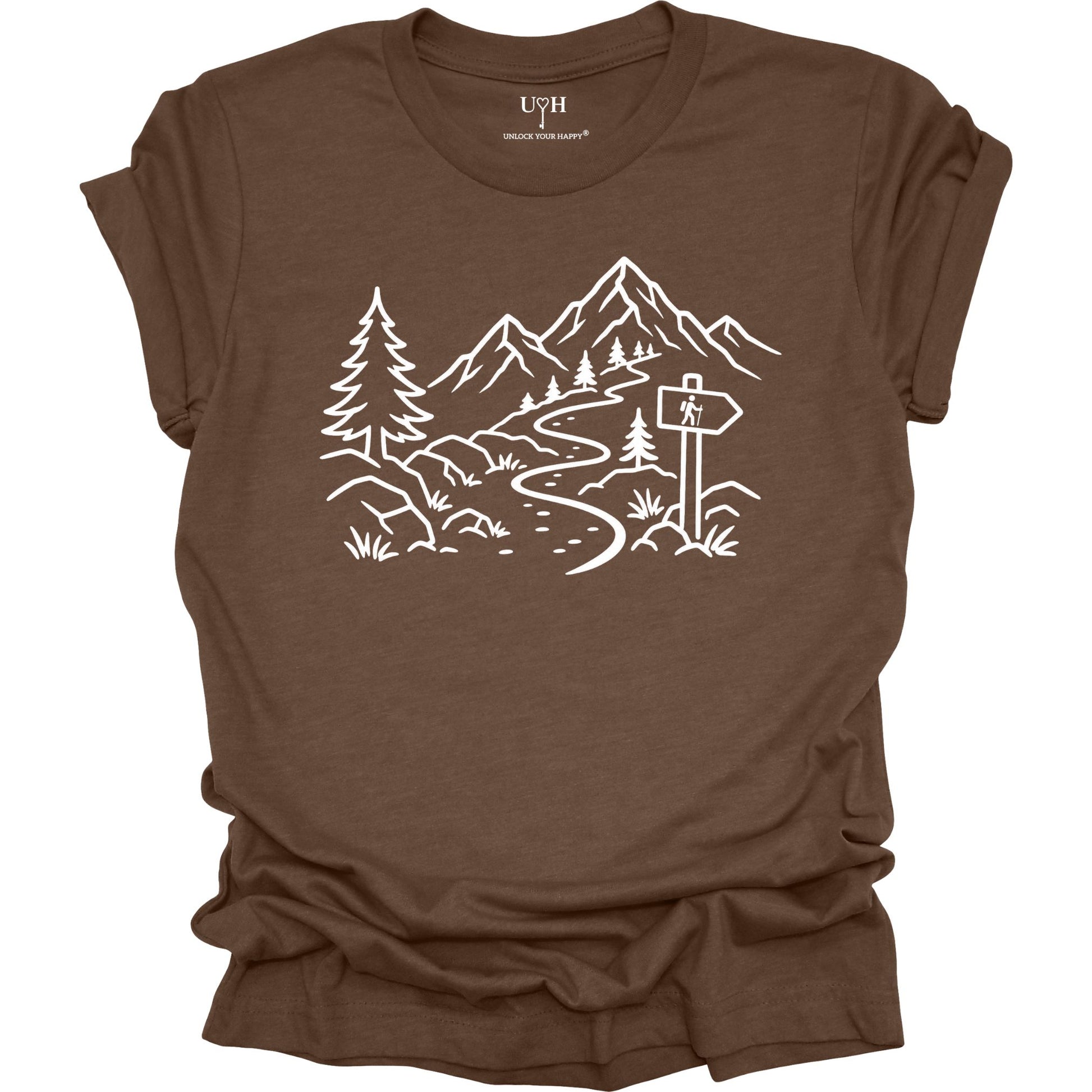 Minimalist brown t-shirt with white mountain and forest trail design, hiking path graphic for nature lovers and outdoor enthusiasts