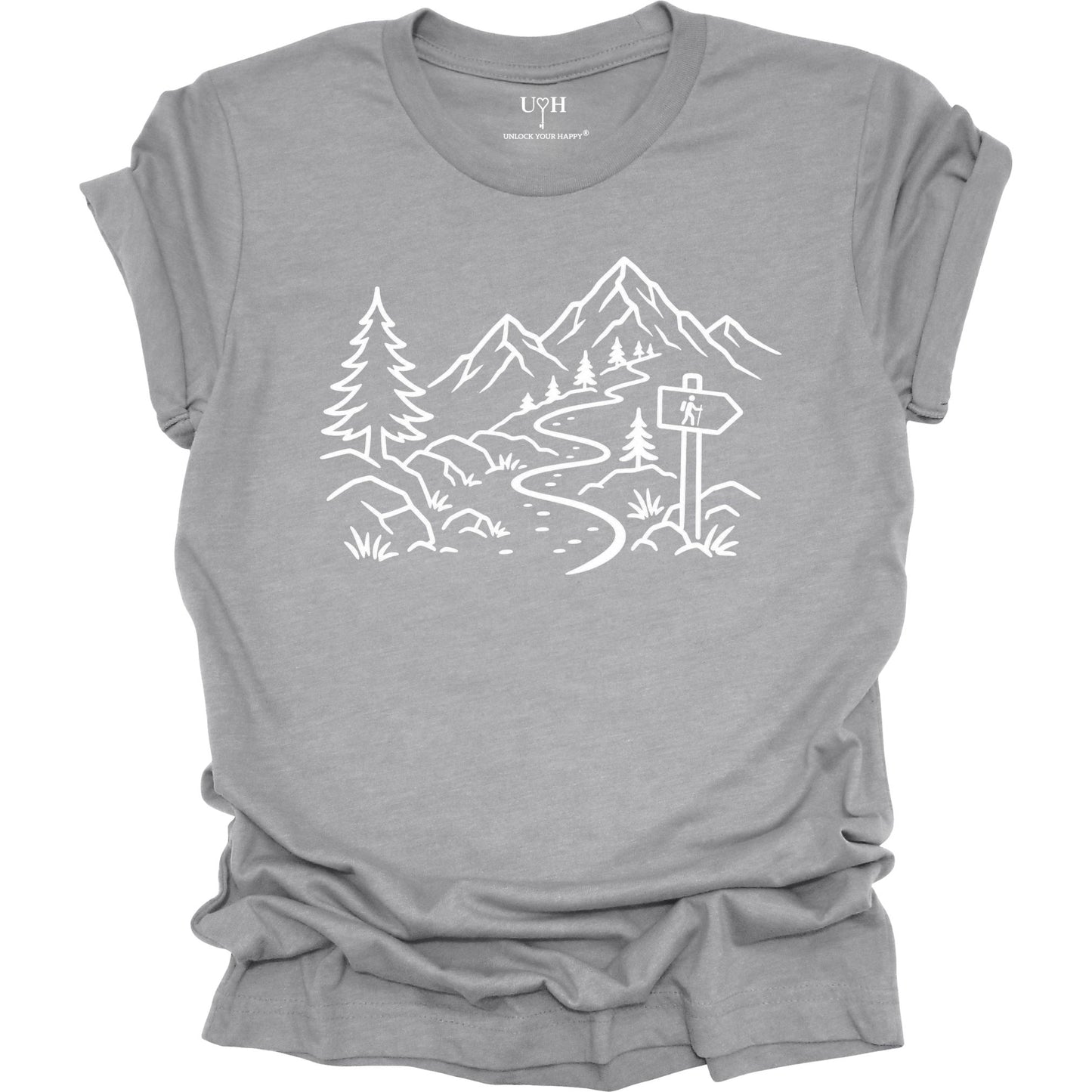 Minimalist gray t-shirt with white mountain and forest trail design, hiking path graphic for nature lovers and outdoor enthusiasts