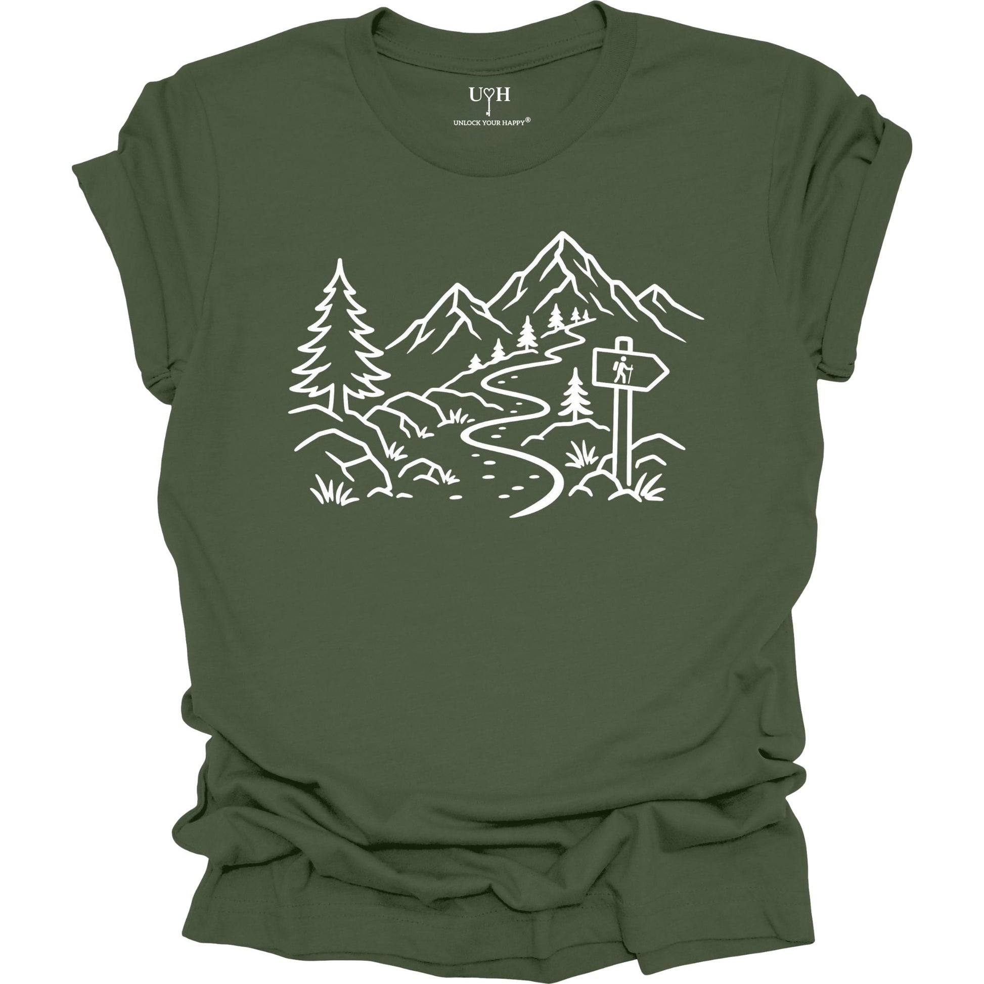 Minimalist green t-shirt with white mountain and forest trail design, hiking path graphic for nature lovers and outdoor enthusiasts