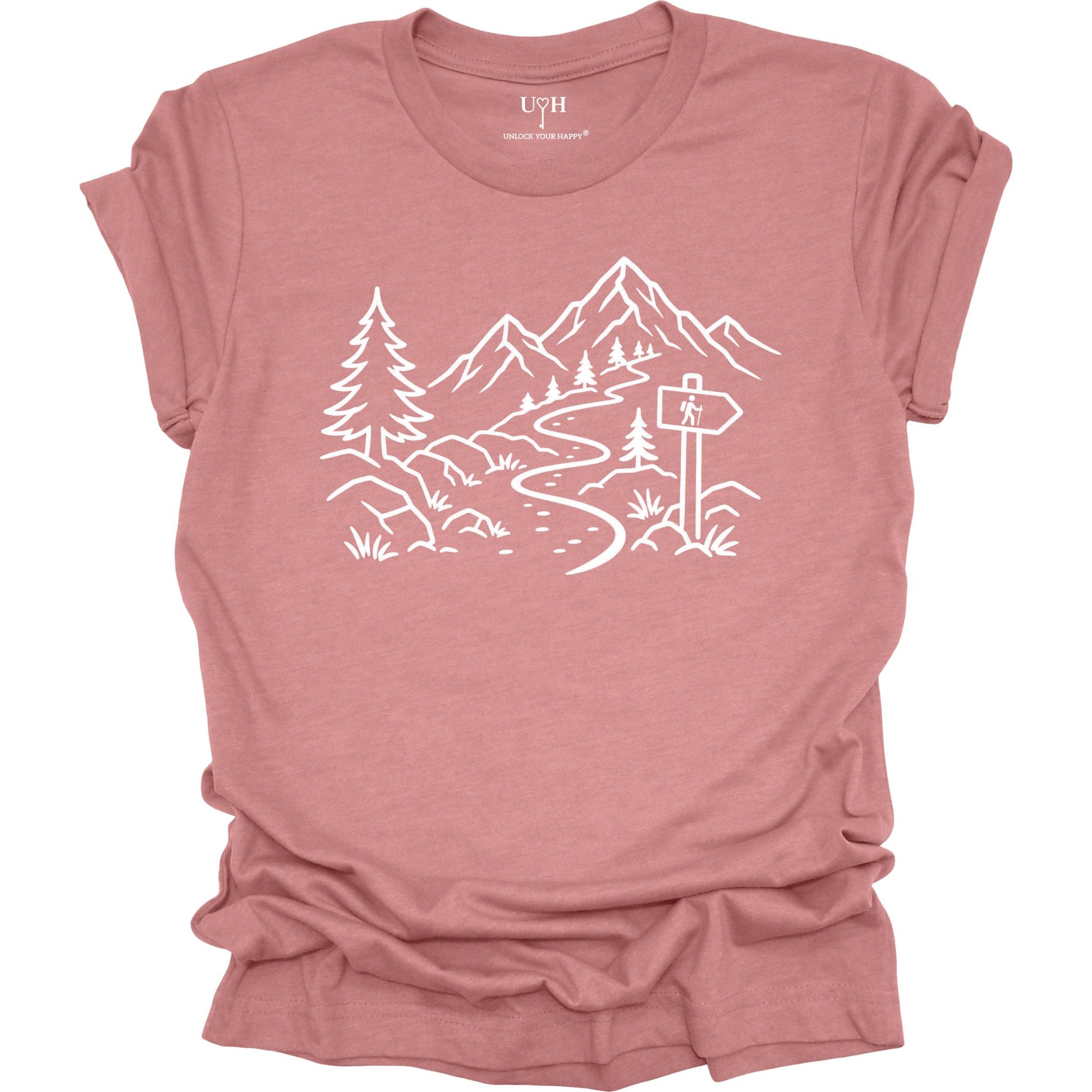 Minimalist mauve t-shirt with white mountain and forest trail design, hiking path graphic for nature lovers and outdoor enthusiasts