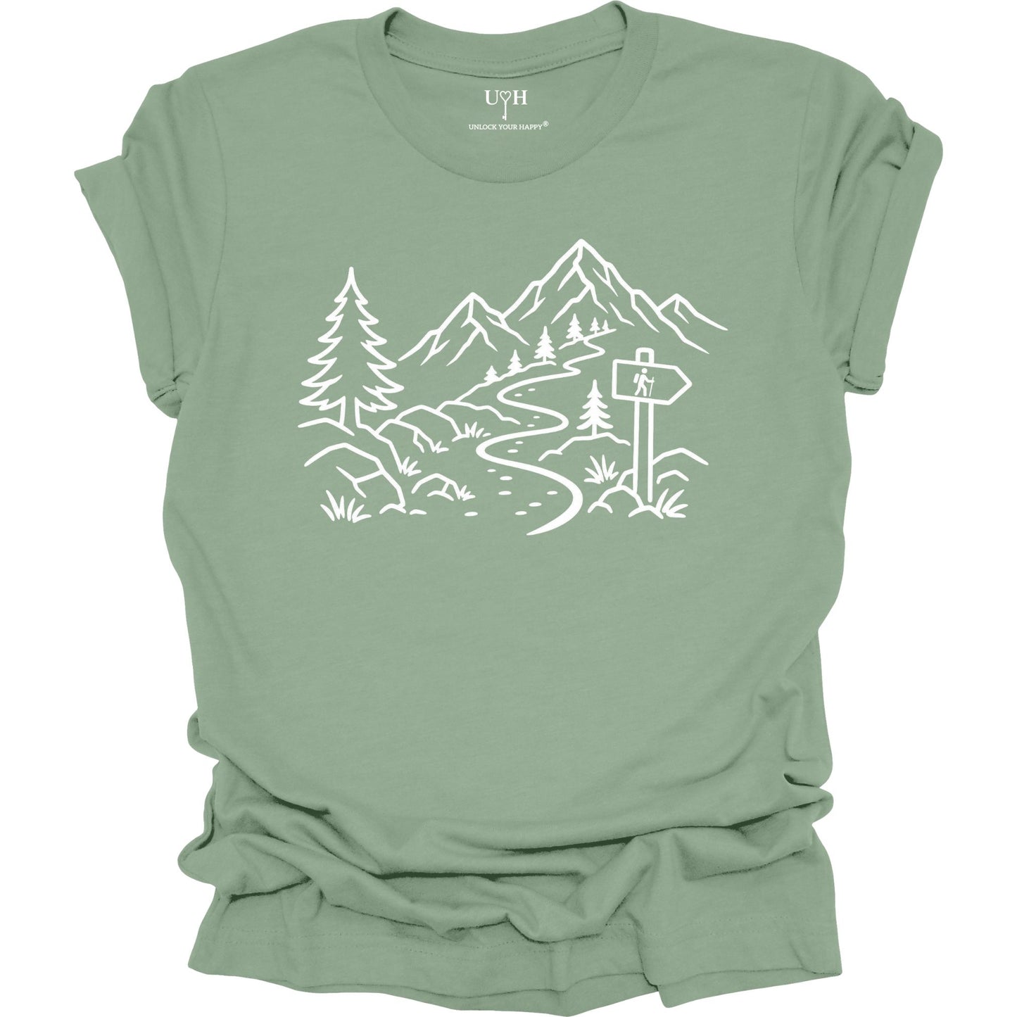 Minimalist sage t-shirt with white mountain and forest trail design, hiking path graphic for nature lovers and outdoor enthusiasts