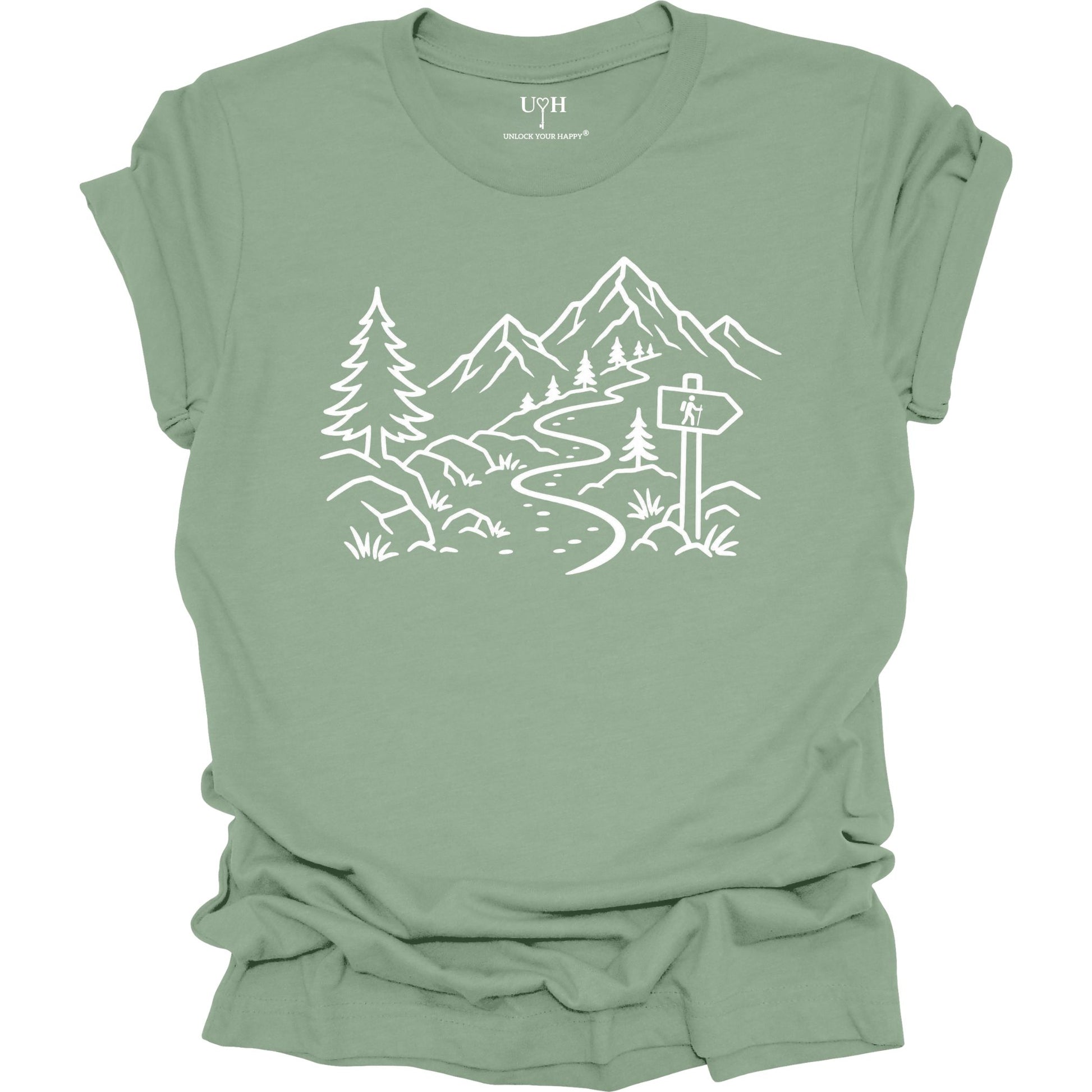 Minimalist sage t-shirt with white mountain and forest trail design, hiking path graphic for nature lovers and outdoor enthusiasts