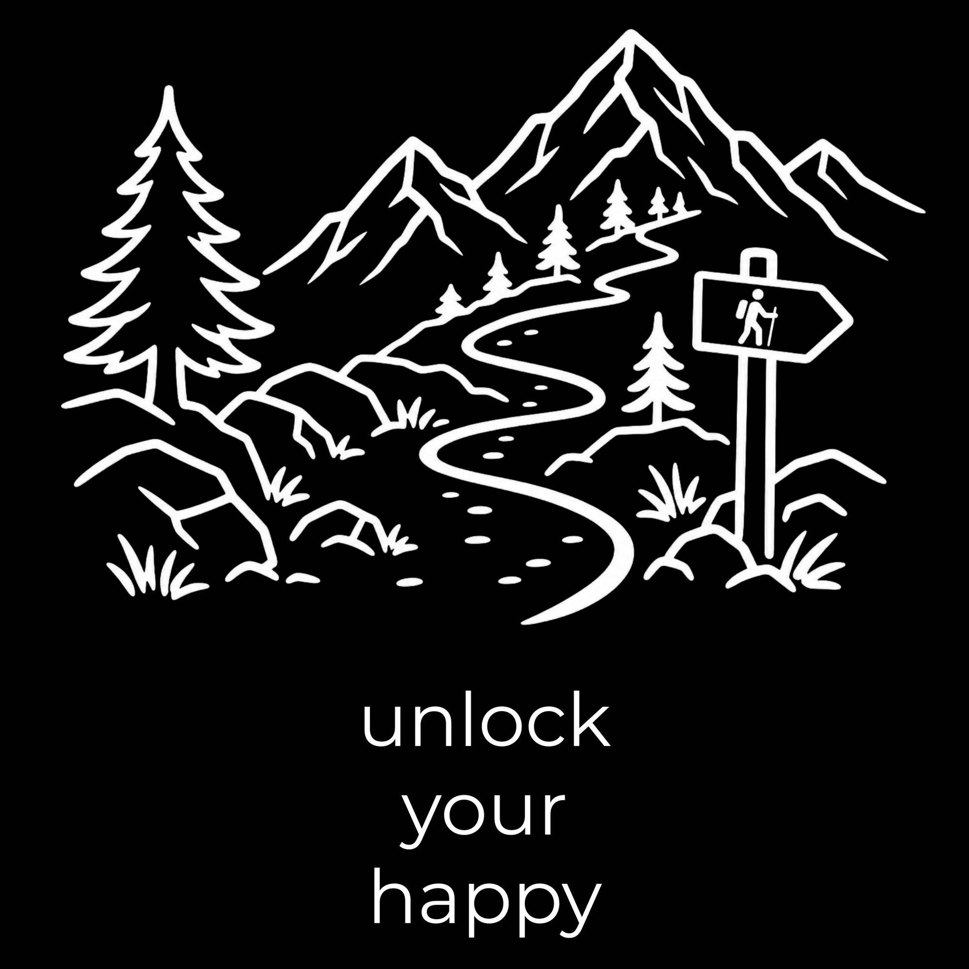 Mountain landscape with a hiking trail and signpost on a black background with 'unlock your happy' text.
