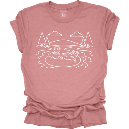 Mauve t-shirt with white graphic of a person tubing in a lake 