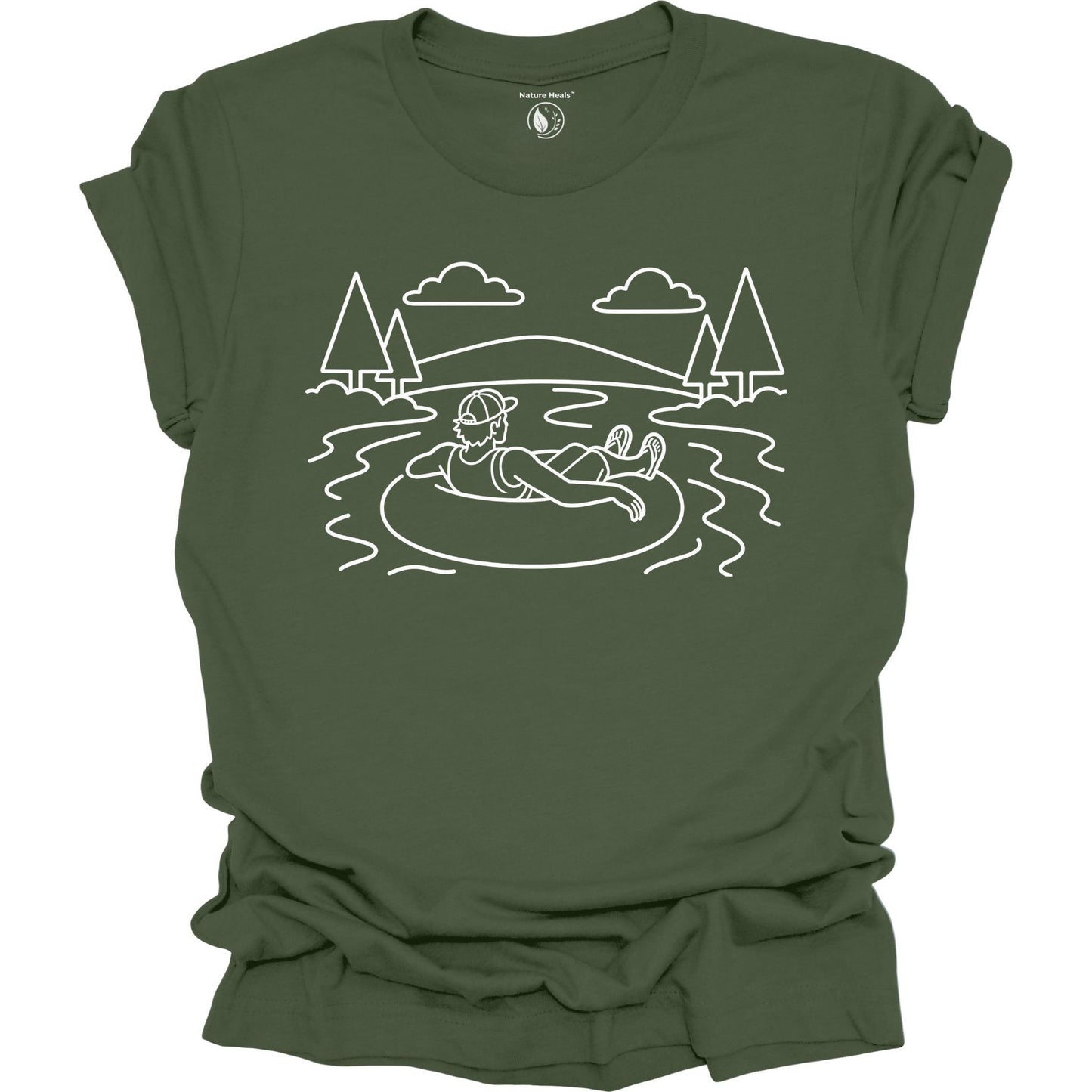 Green t-shirt with white line art of a person on an inner tube in a lake, surrounded by trees and mountains.