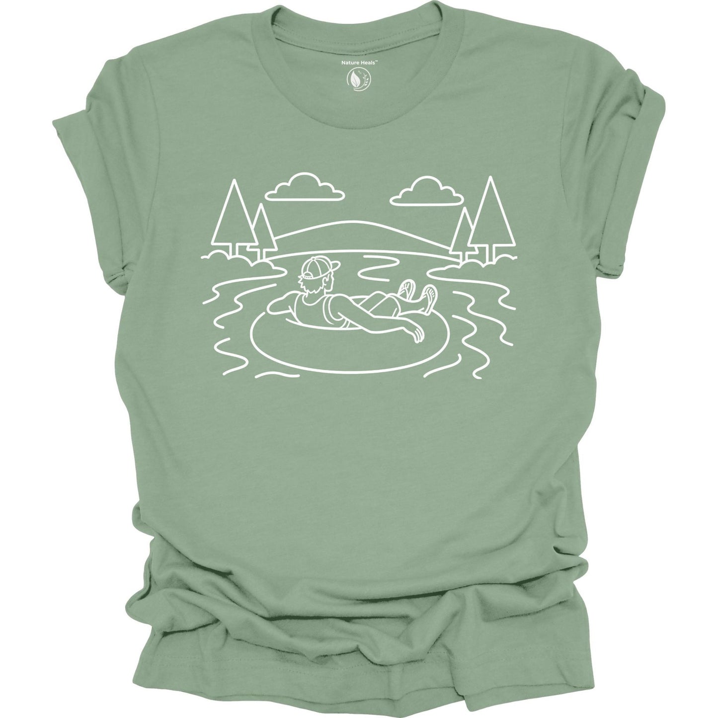 Sage t-shirt with a white line art design of a person in a lake surrounded by trees on a white background.