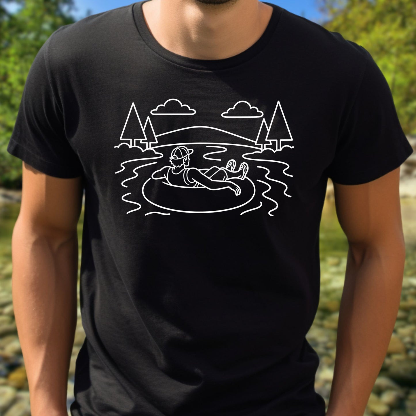 Person wearing a black t-shirt with a white graphic tubing graphic
