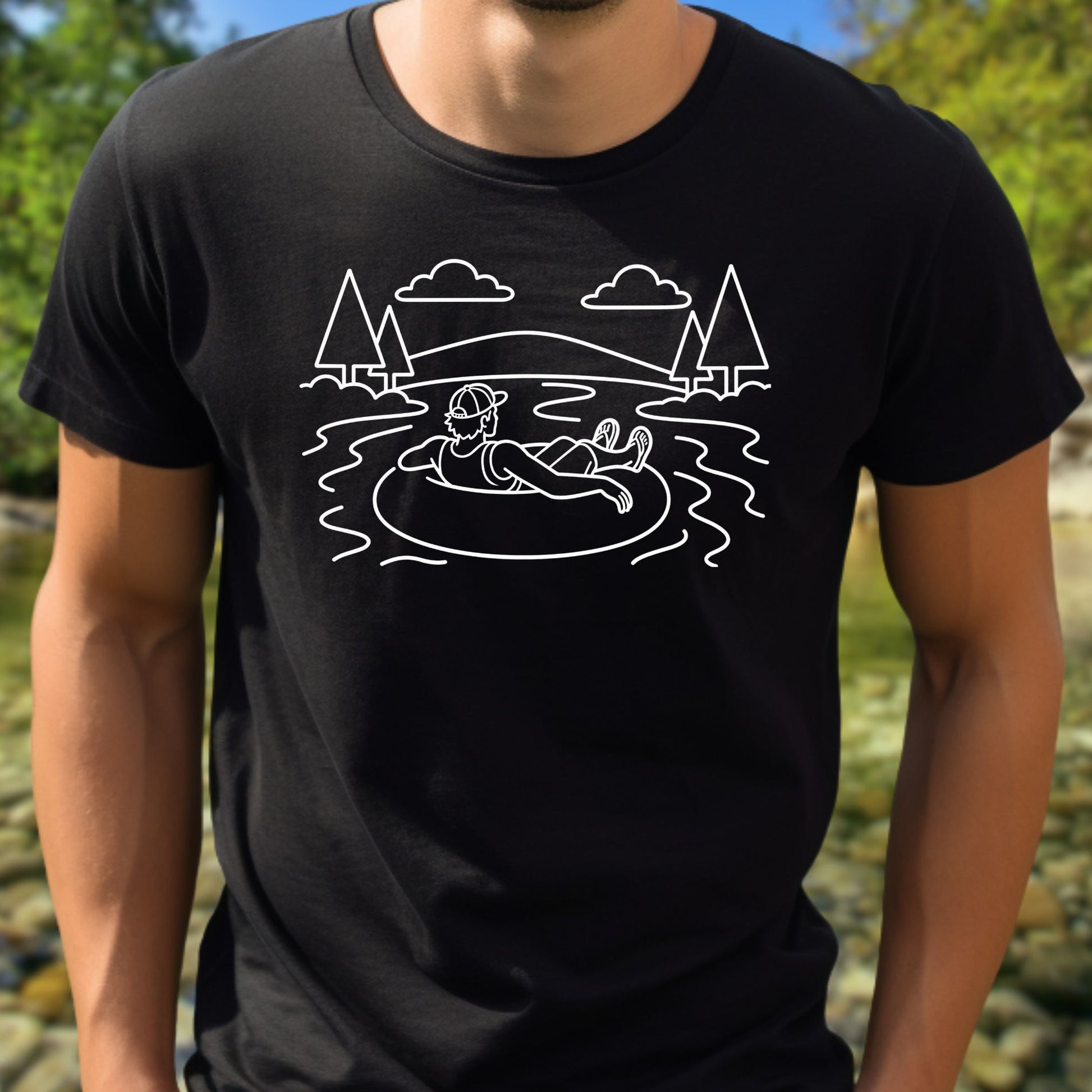 Person wearing a black t-shirt with a white graphic tubing graphic