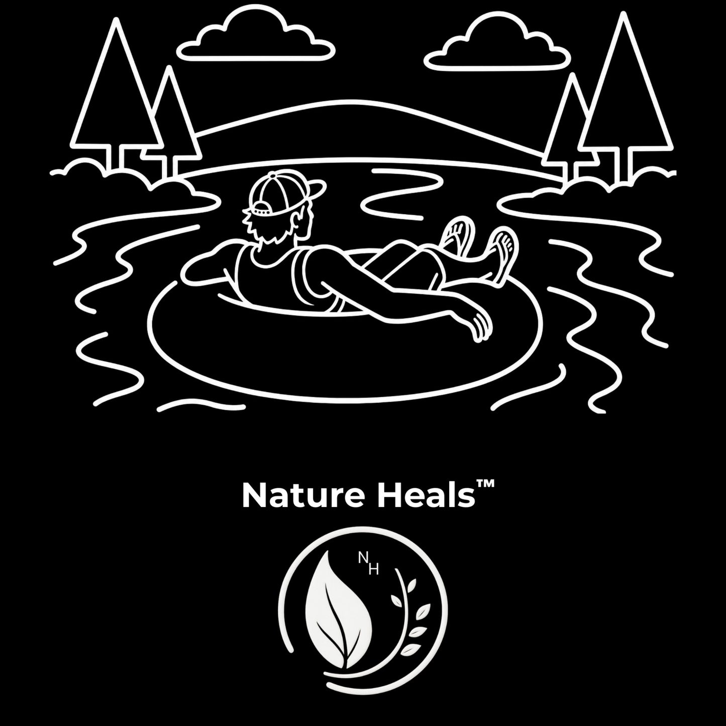 Man on an inner tube in a lake with mountains and trees, featuring 'Nature Heals' logo.