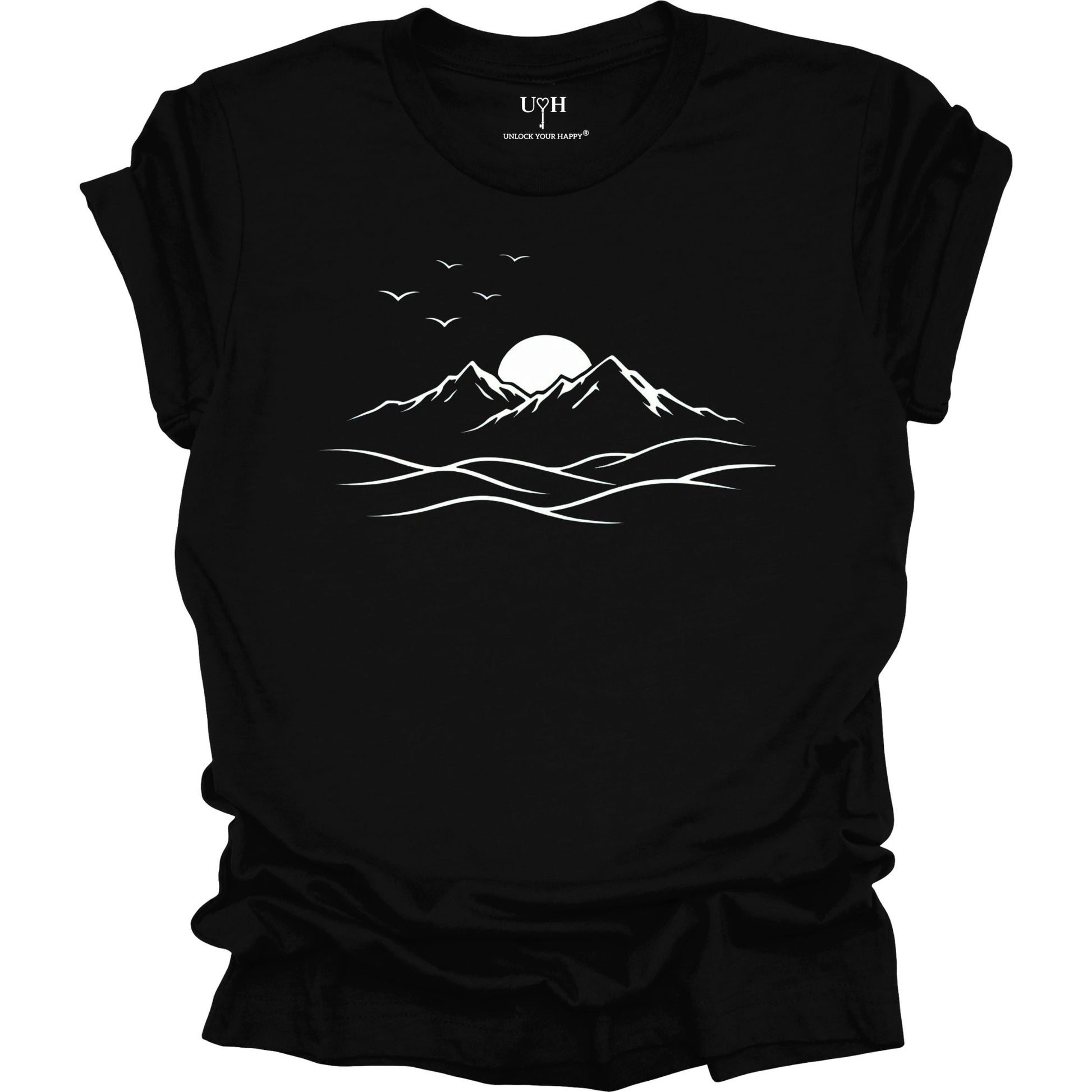 Black t-shirt with white mountain and sunset design on a white background