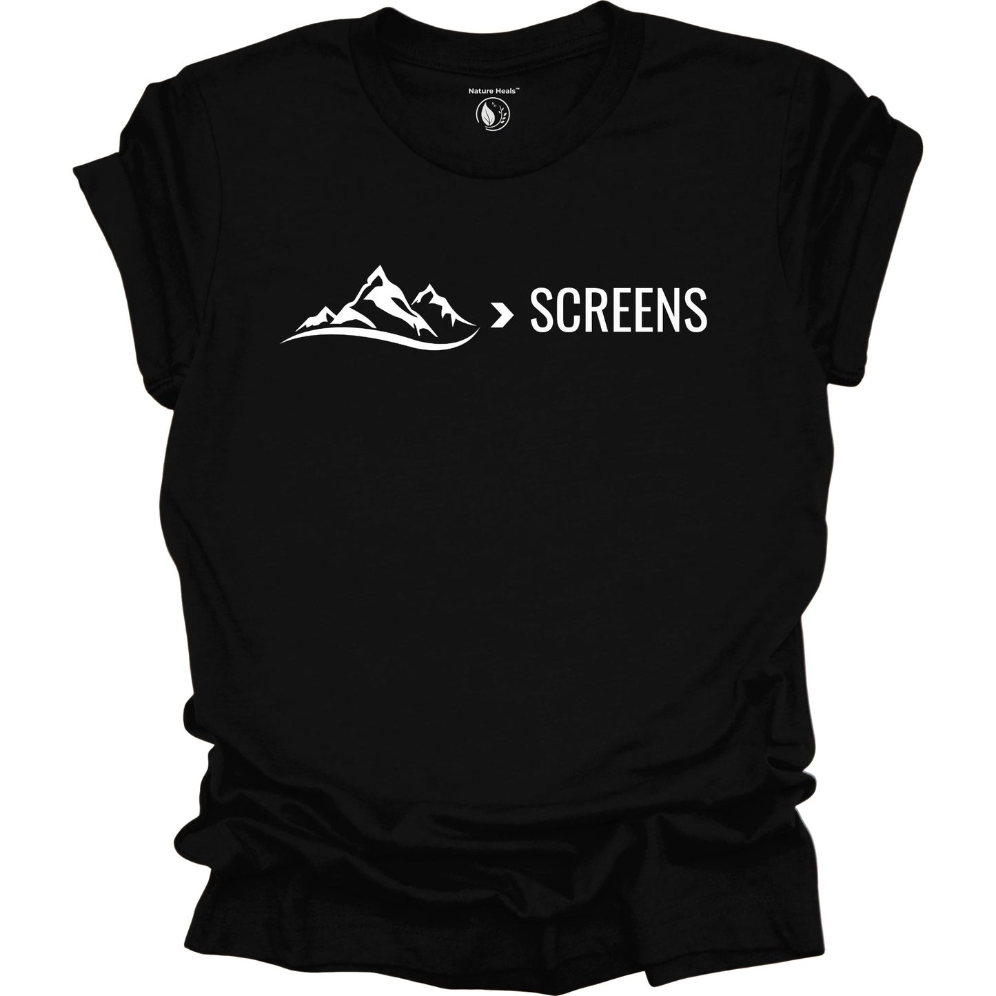 Black  t-shirt with mountain graphic and 'SCREENS' text on a white background