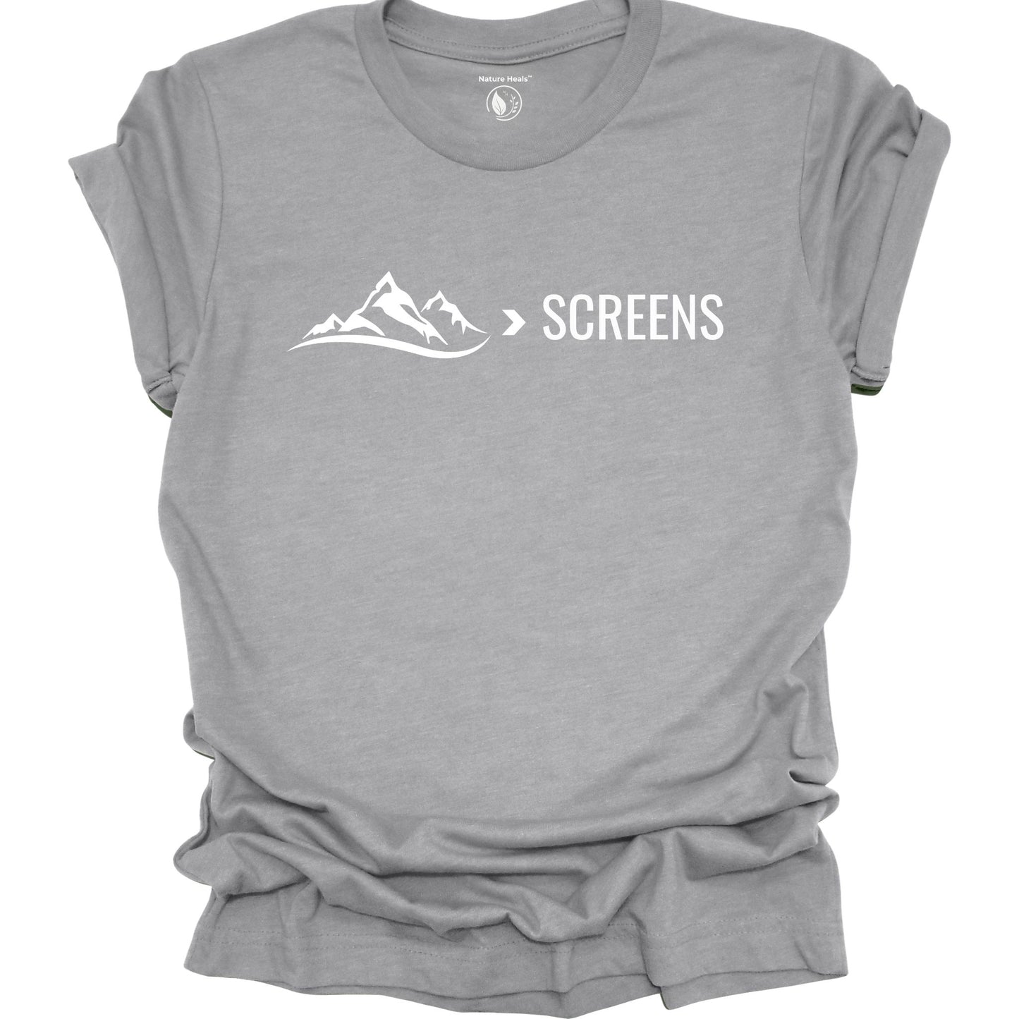 Gray  t-shirt with mountain graphic and 'SCREENS' text on a white background