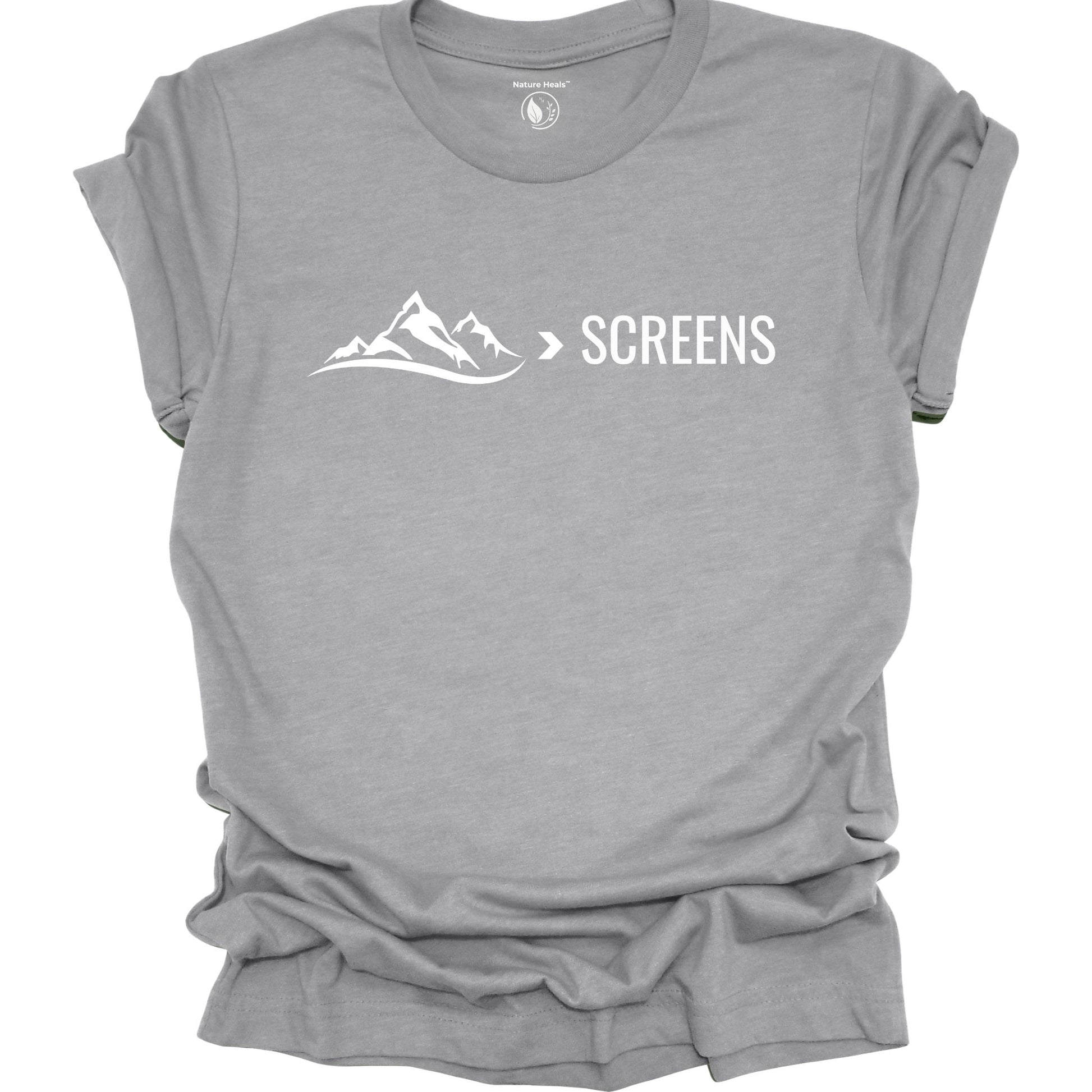 Gray  t-shirt with mountain graphic and 'SCREENS' text on a white background