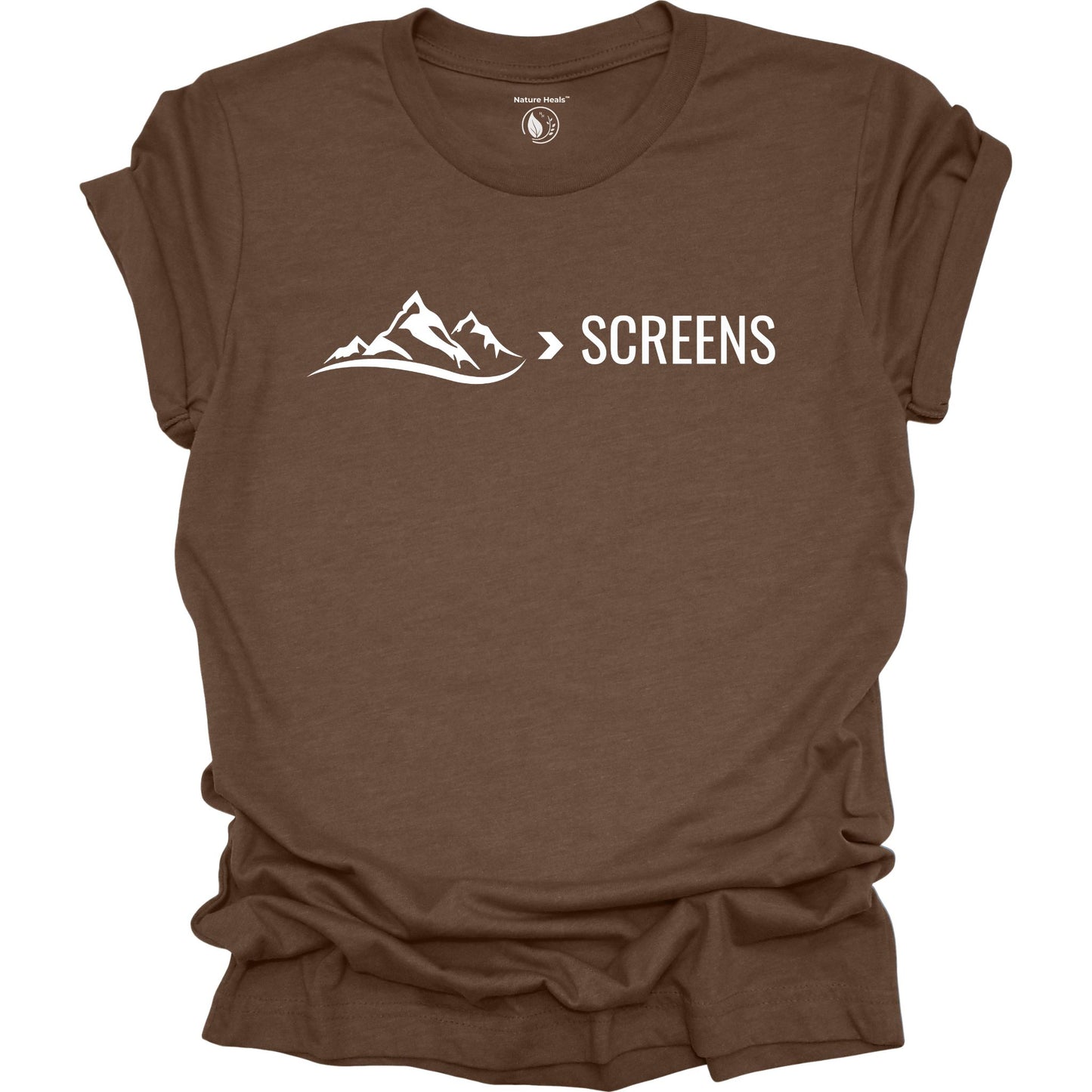 Brown t-shirt with mountain graphic and 'SCREENS' text on a white background