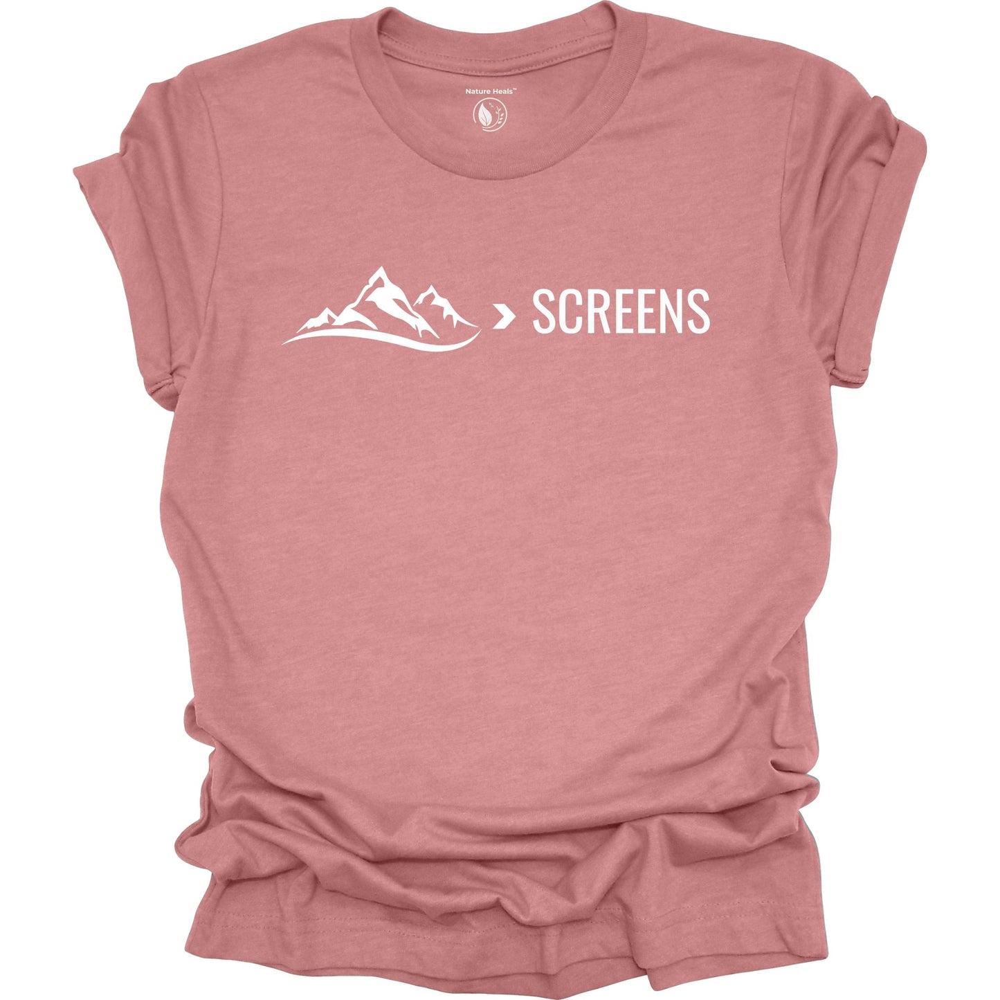 Mauve t-shirt with mountain graphic and 'SCREENS' text on a white background