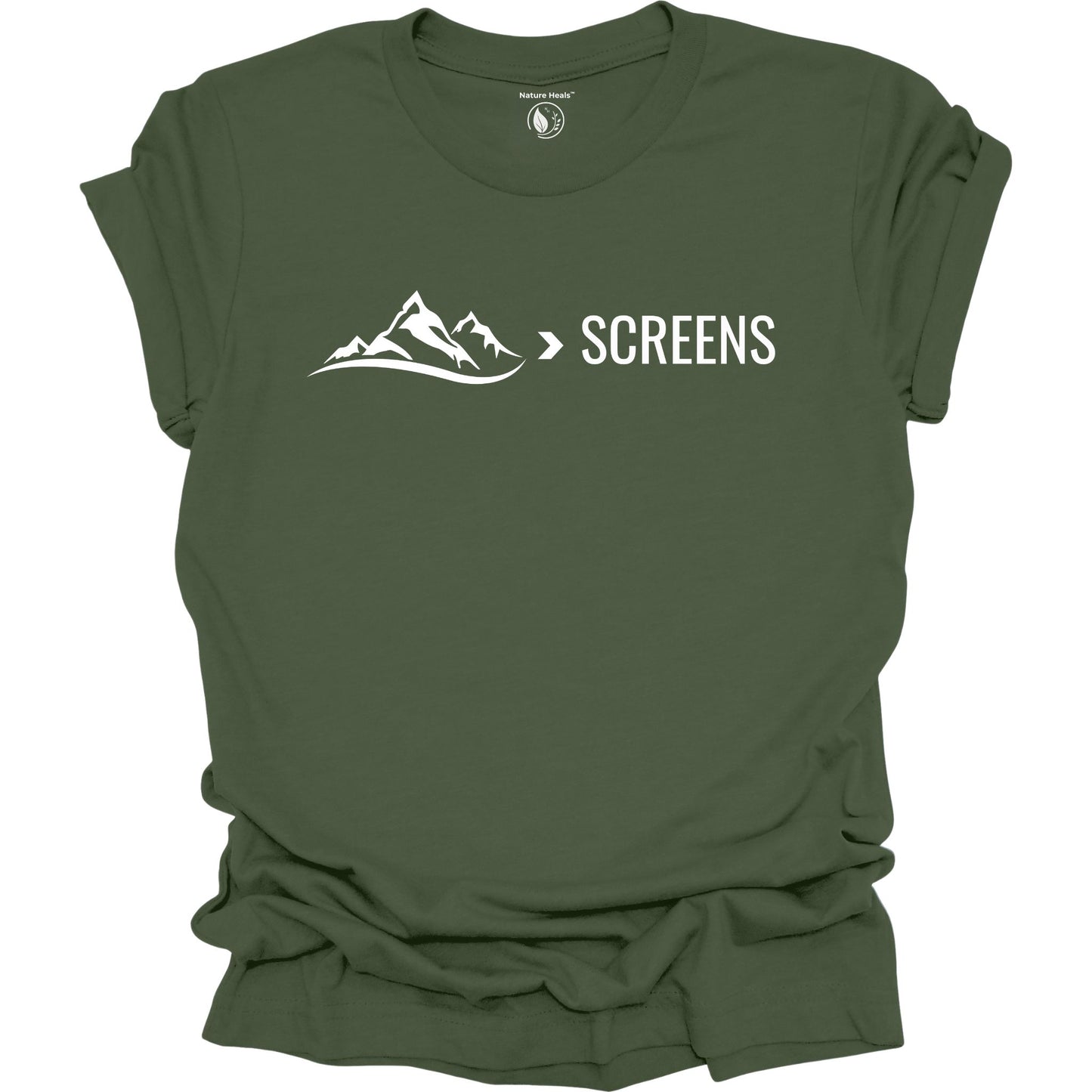 Green t-shirt with mountain graphic and 'SCREENS' text on a white background