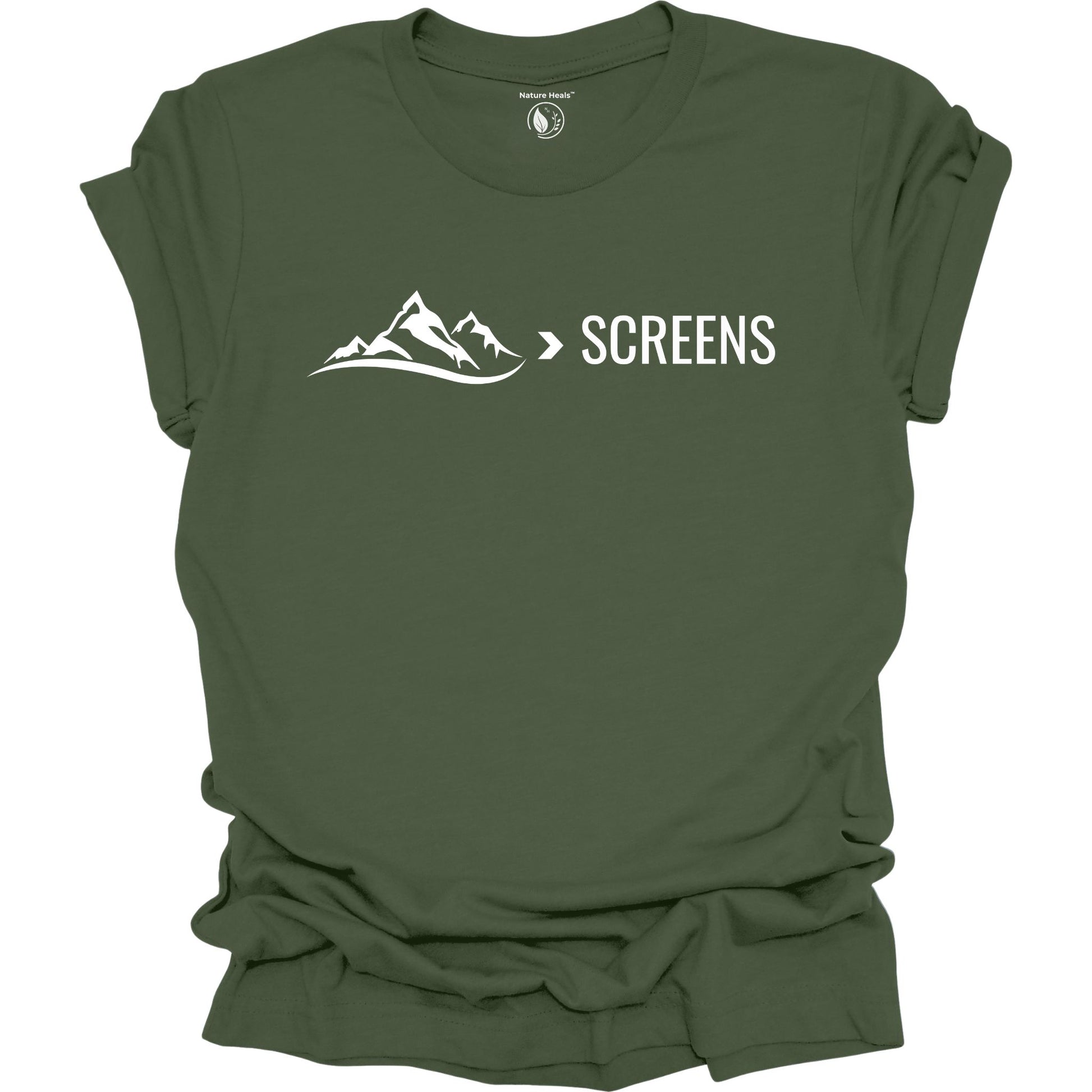 Green t-shirt with mountain graphic and 'SCREENS' text on a white background